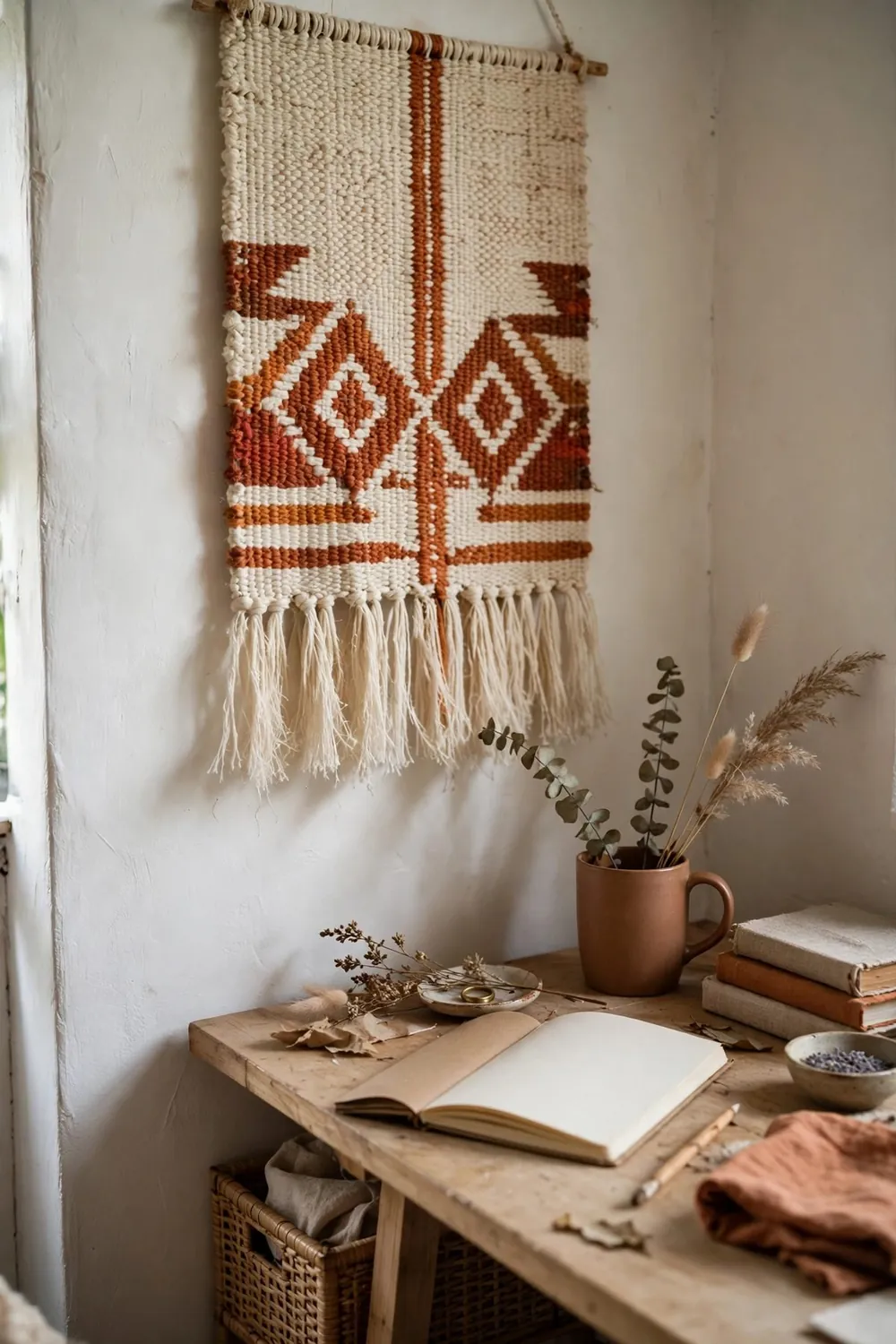 Cozy boho home office nook: hang a Textile Behind or Beside the Desk