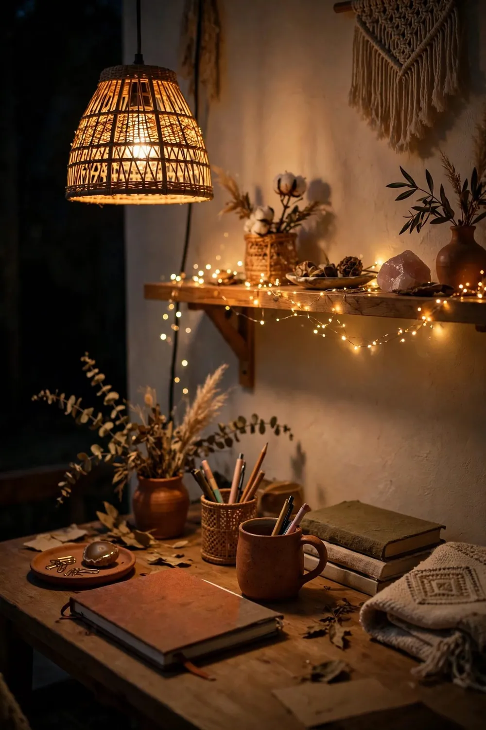 Cozy boho home office nook: layer Light: Sun, Lamp, and Sparkle