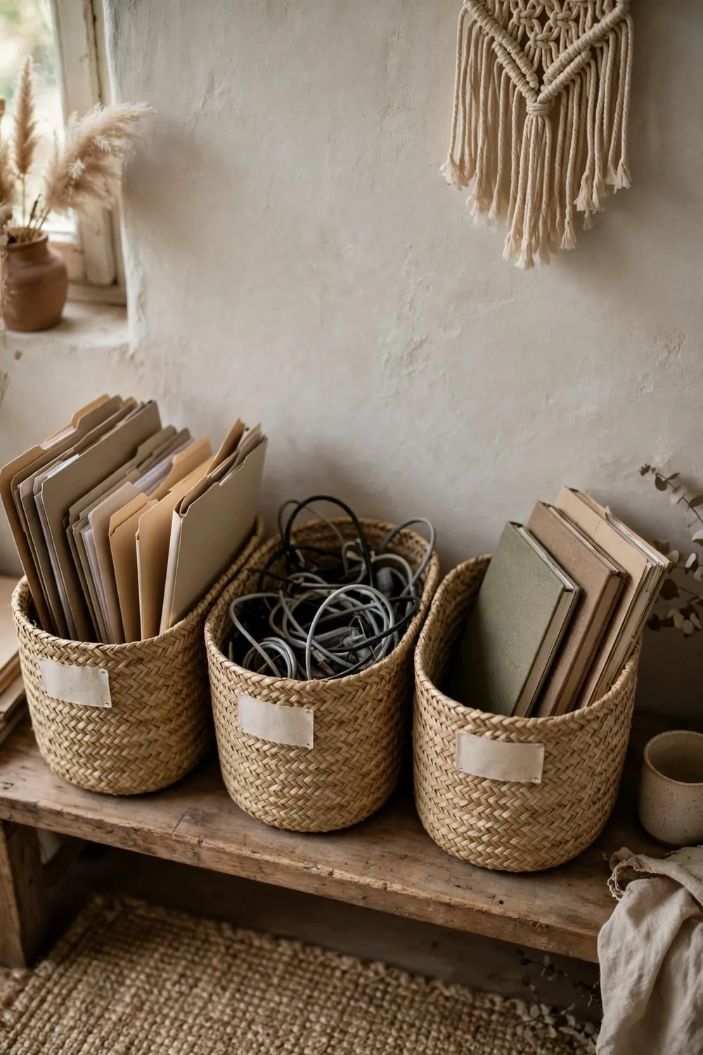 Cozy boho home office nook: make Baskets the Filing System