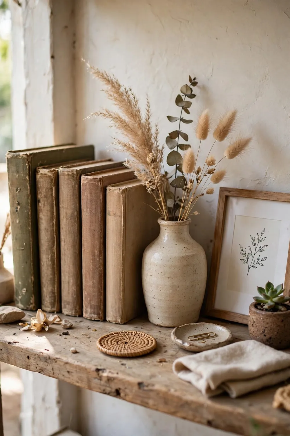 Cozy boho home office nook: shelve Books and Beautiful Objects Together