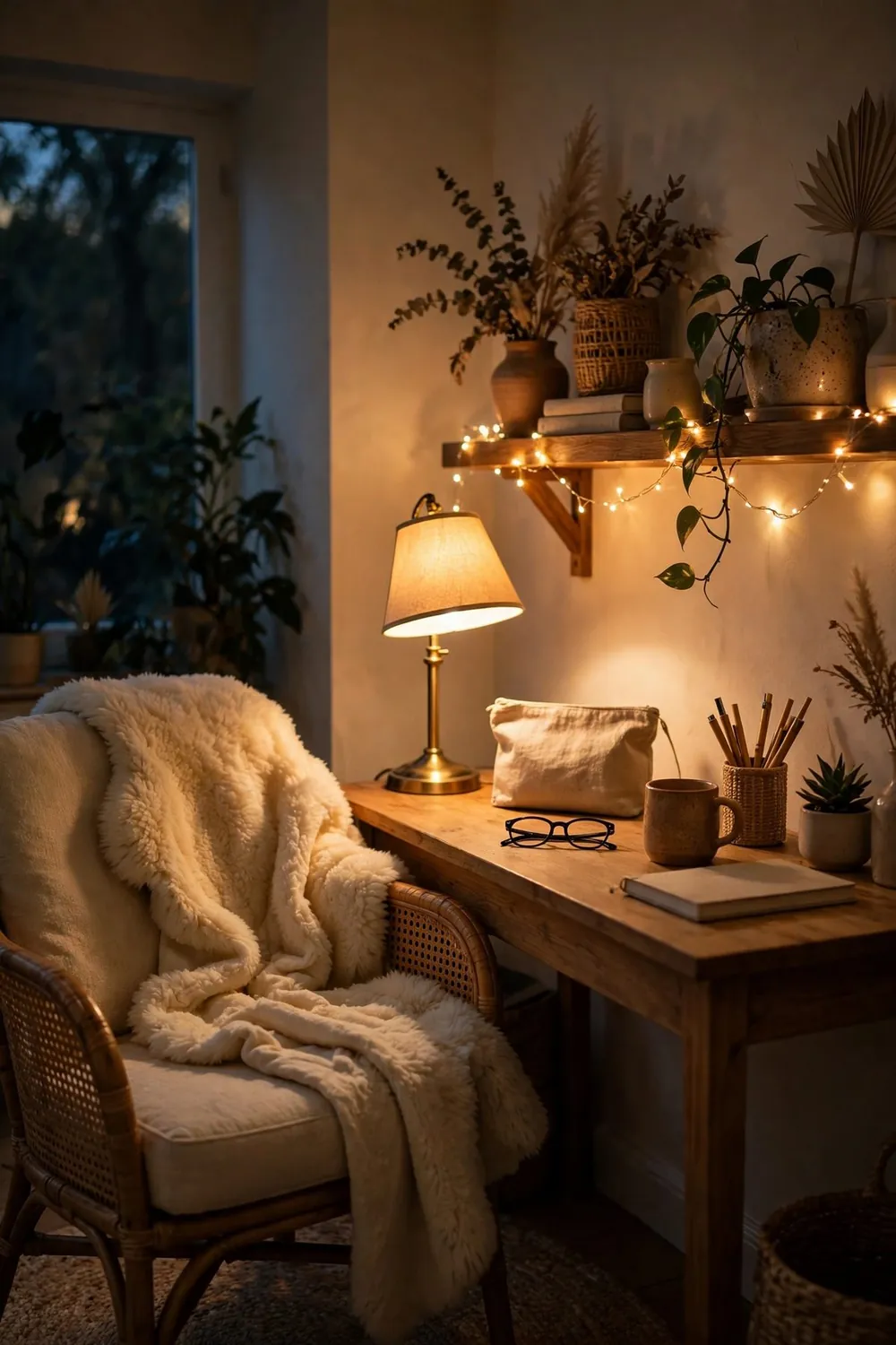 Finished boho office nook in warm evening light with fairy lights, a glowing lamp, and a comfortable chair with a sheepskin throw