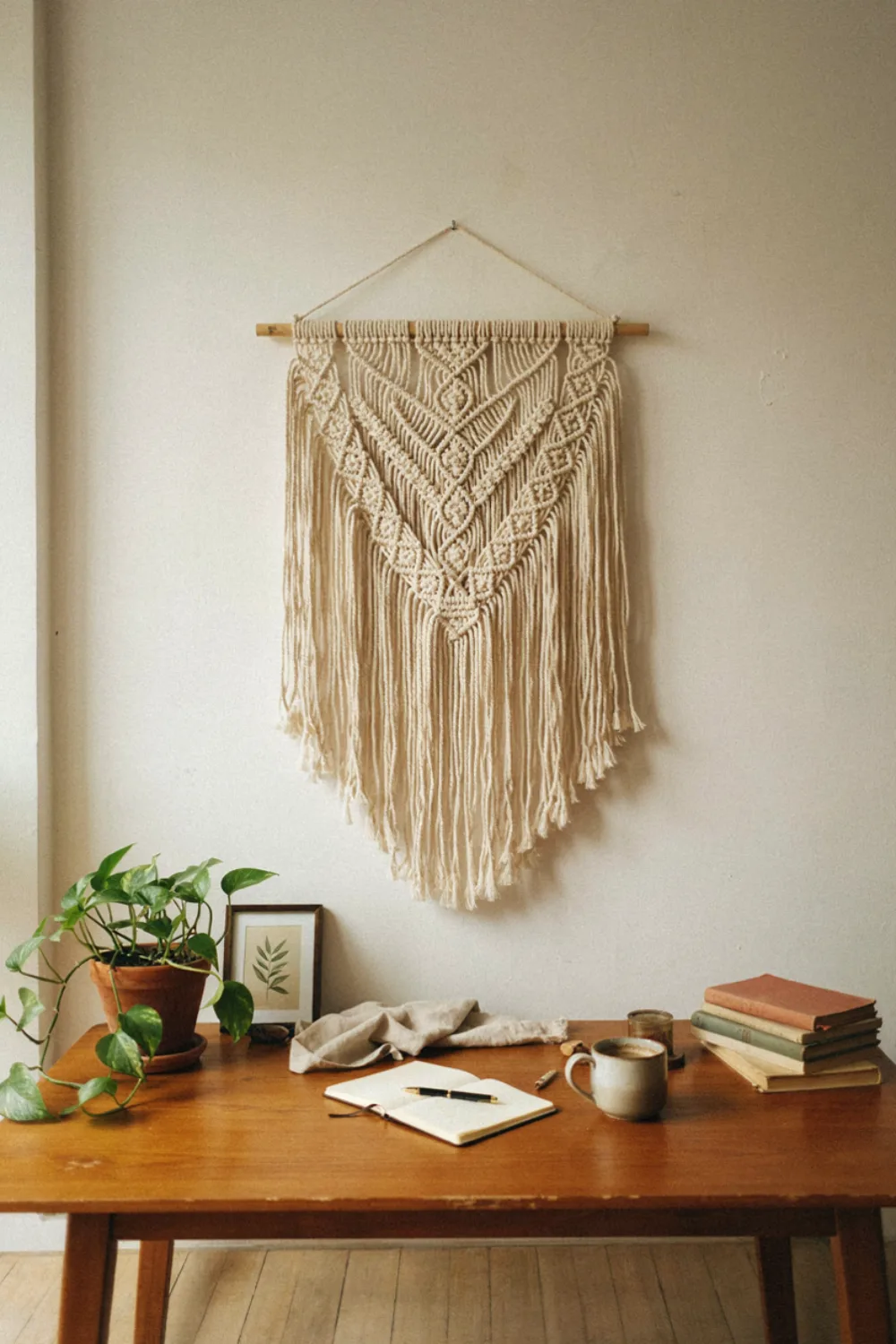 Cozy boho home office nook: hang a Woven Wall Hanging Above the Desk