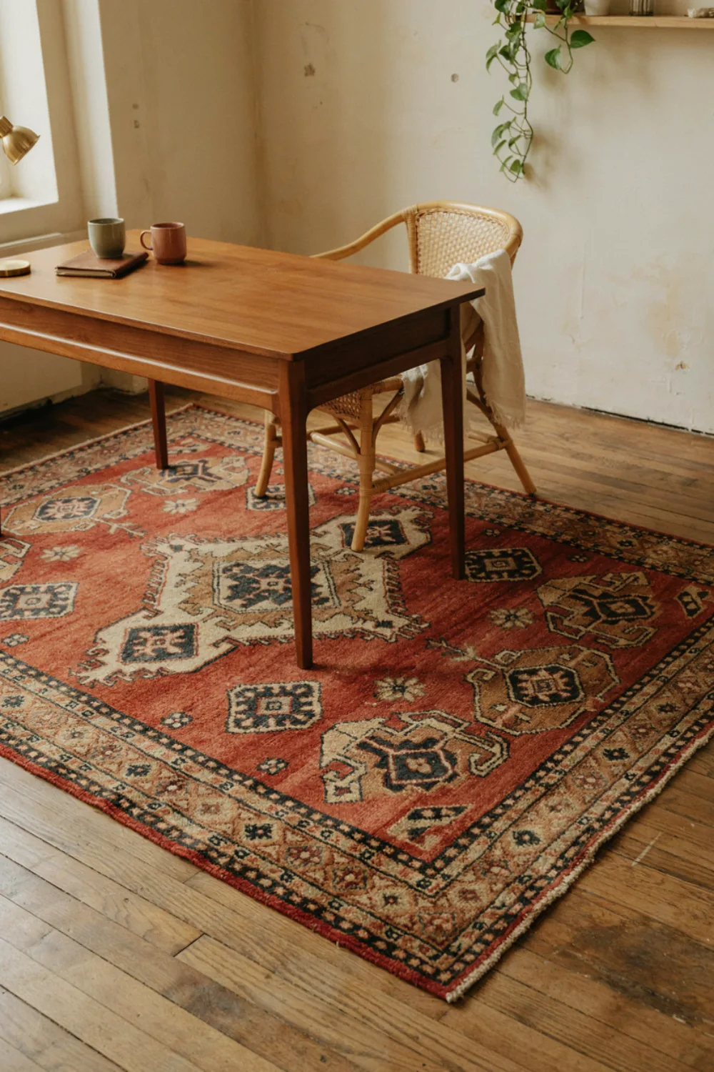 Cozy boho home office nook: anchor the Nook With a Patterned Rug