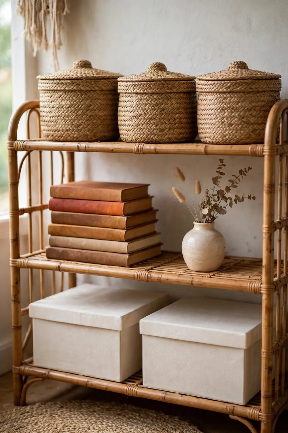 Cozy boho home office nook: organize the Desk With Rattan and Seagrass