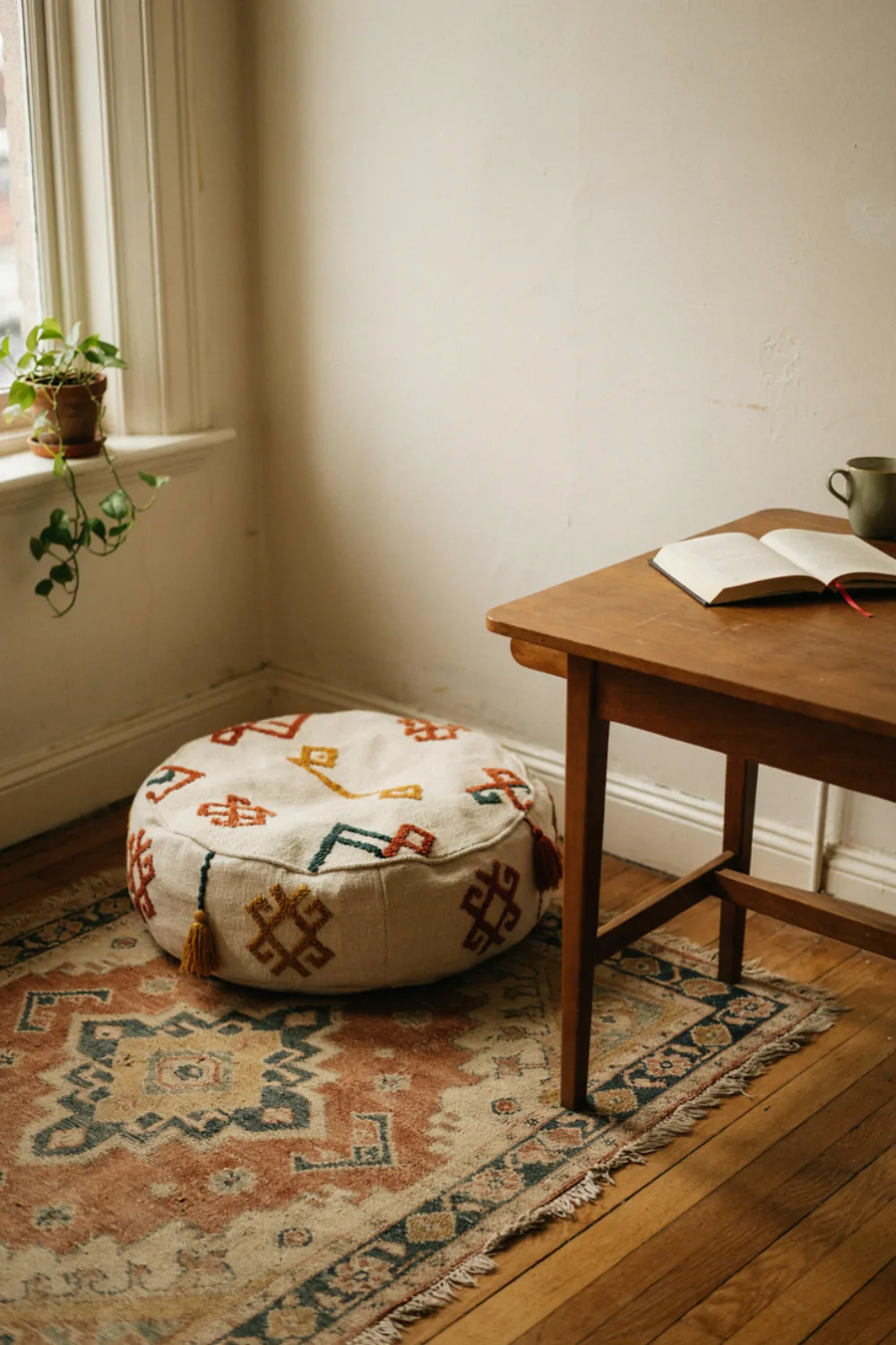Cozy boho home office nook: add a Floor Cushion for Reading Breaks
