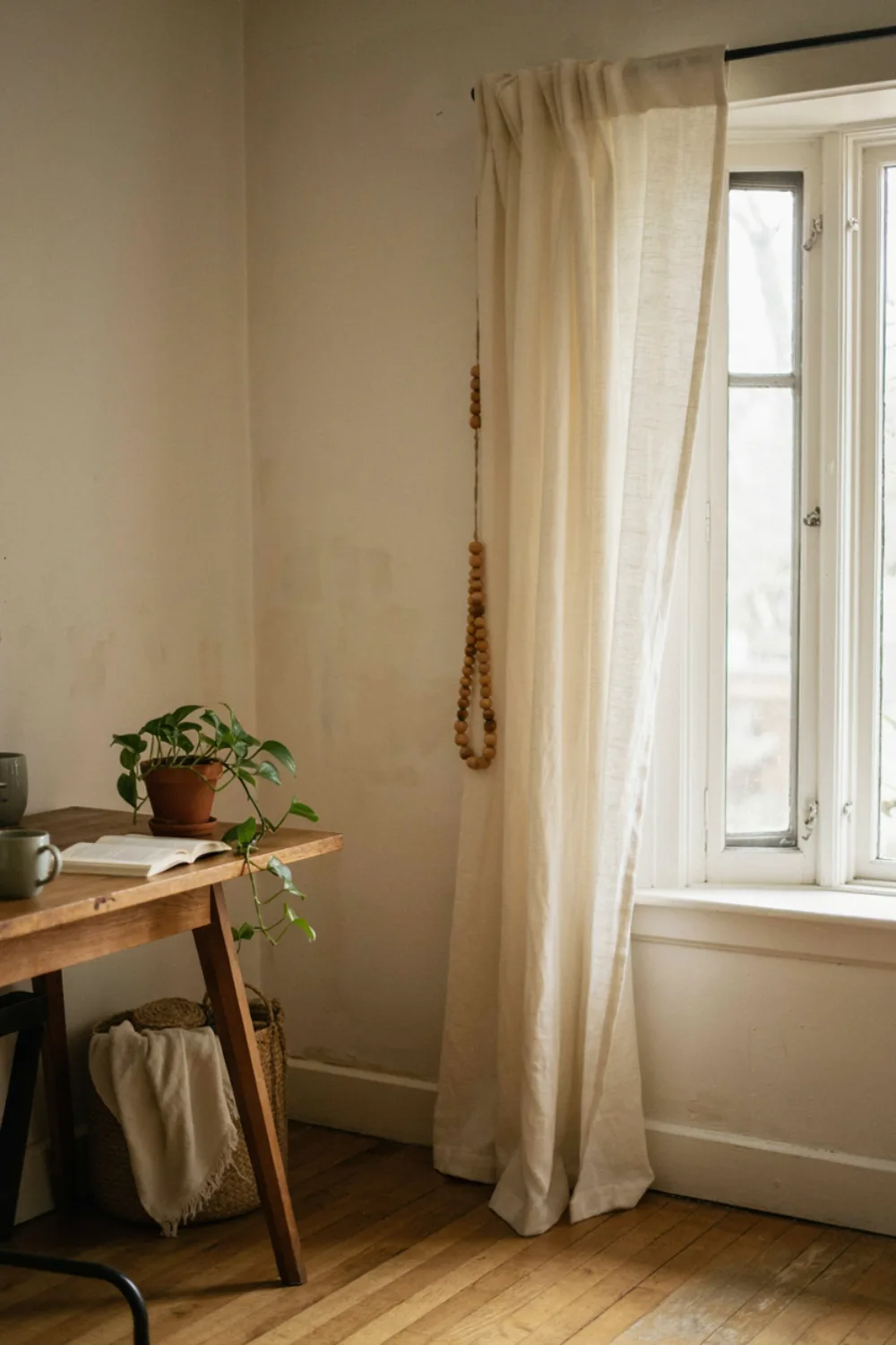 Cozy boho home office nook: soften the Window With Beads or Sheers