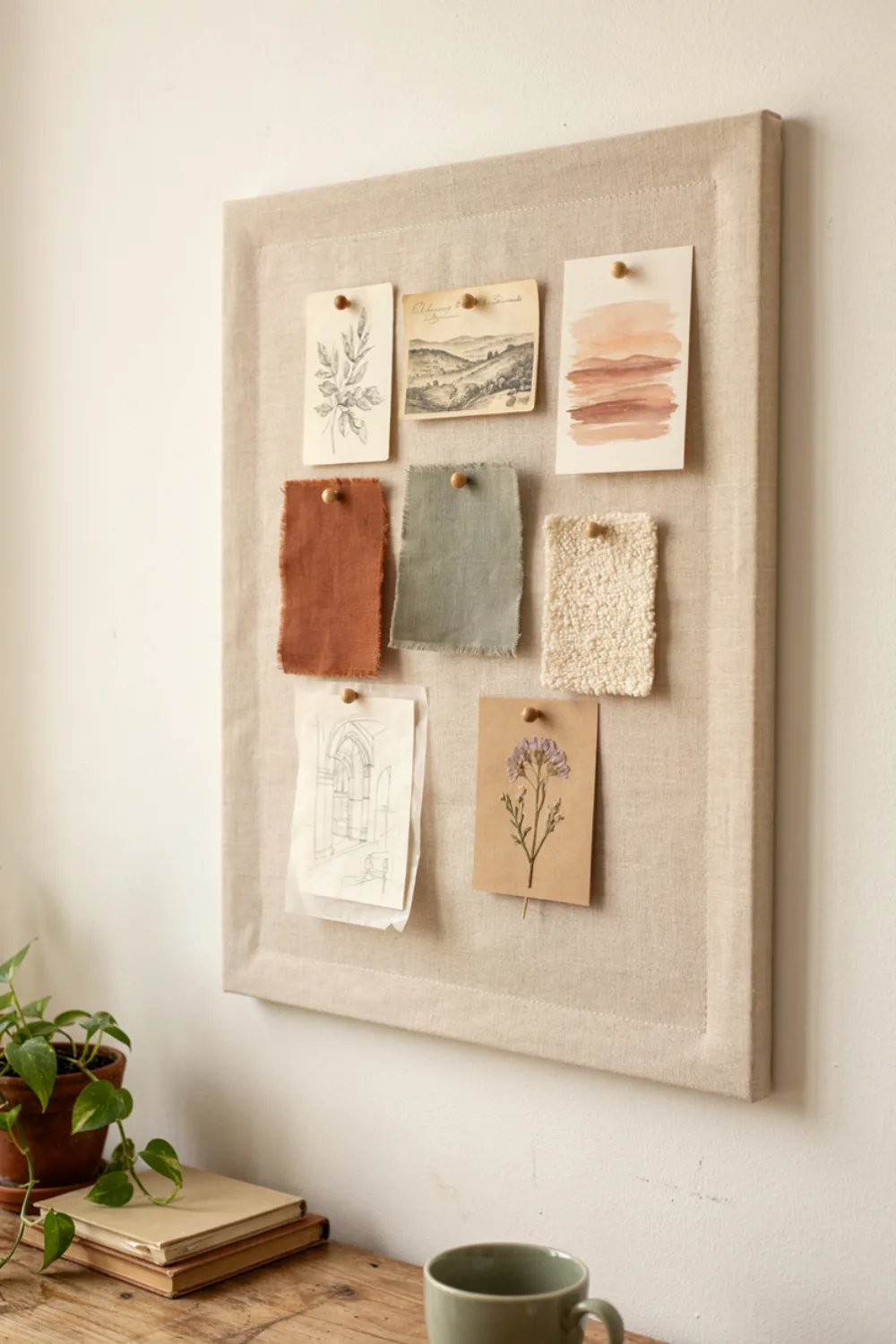 Cozy boho home office nook: pin Inspiration on a Cork and Fabric Board