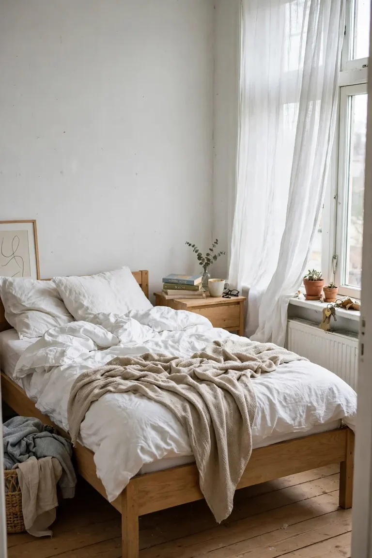 Bright Scandinavian bedroom with white walls, light oak bed frame and nightstand, rumpled white linen bedding and sheer curtains in natural window light
