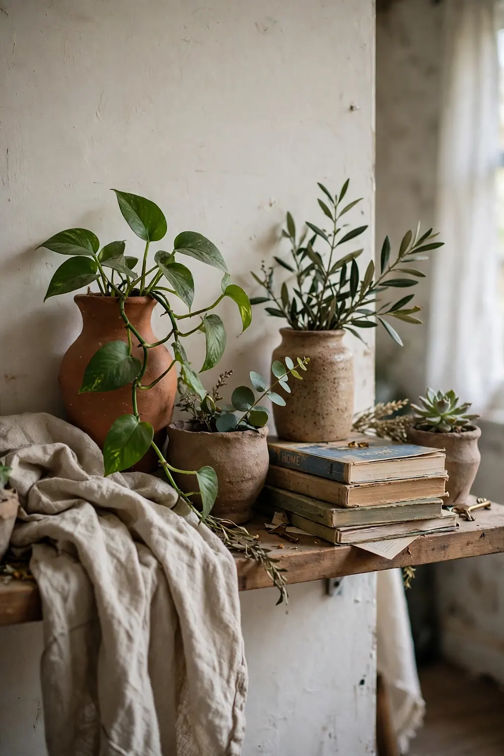 Clay pottery, handmade vases and green plants styled on a warm wood shelf in an earth tone living room