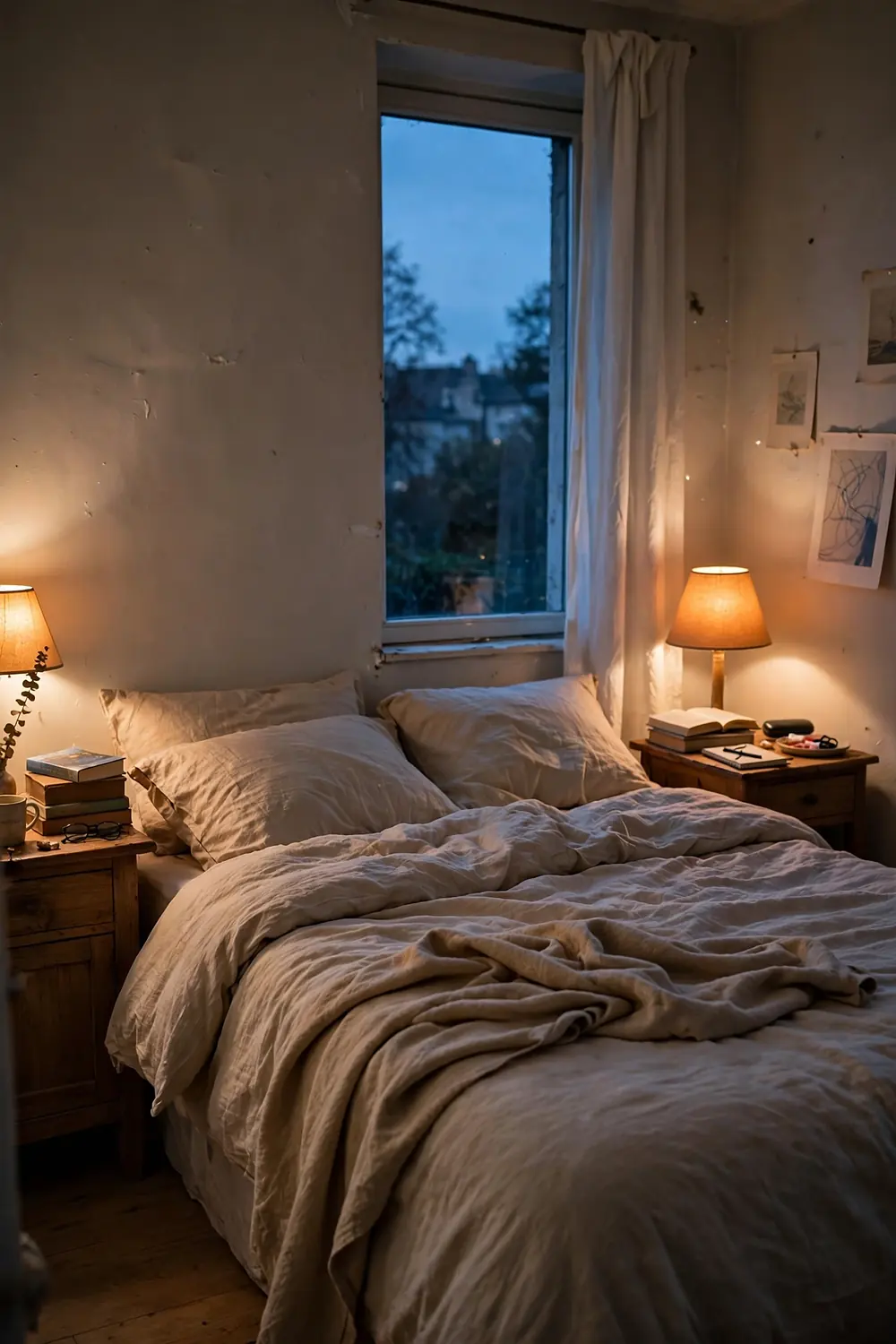 Cozy couples bedroom at dusk with two warm bedside lamps glowing, soft rumpled neutral bedding, and deep blue evening light at the window