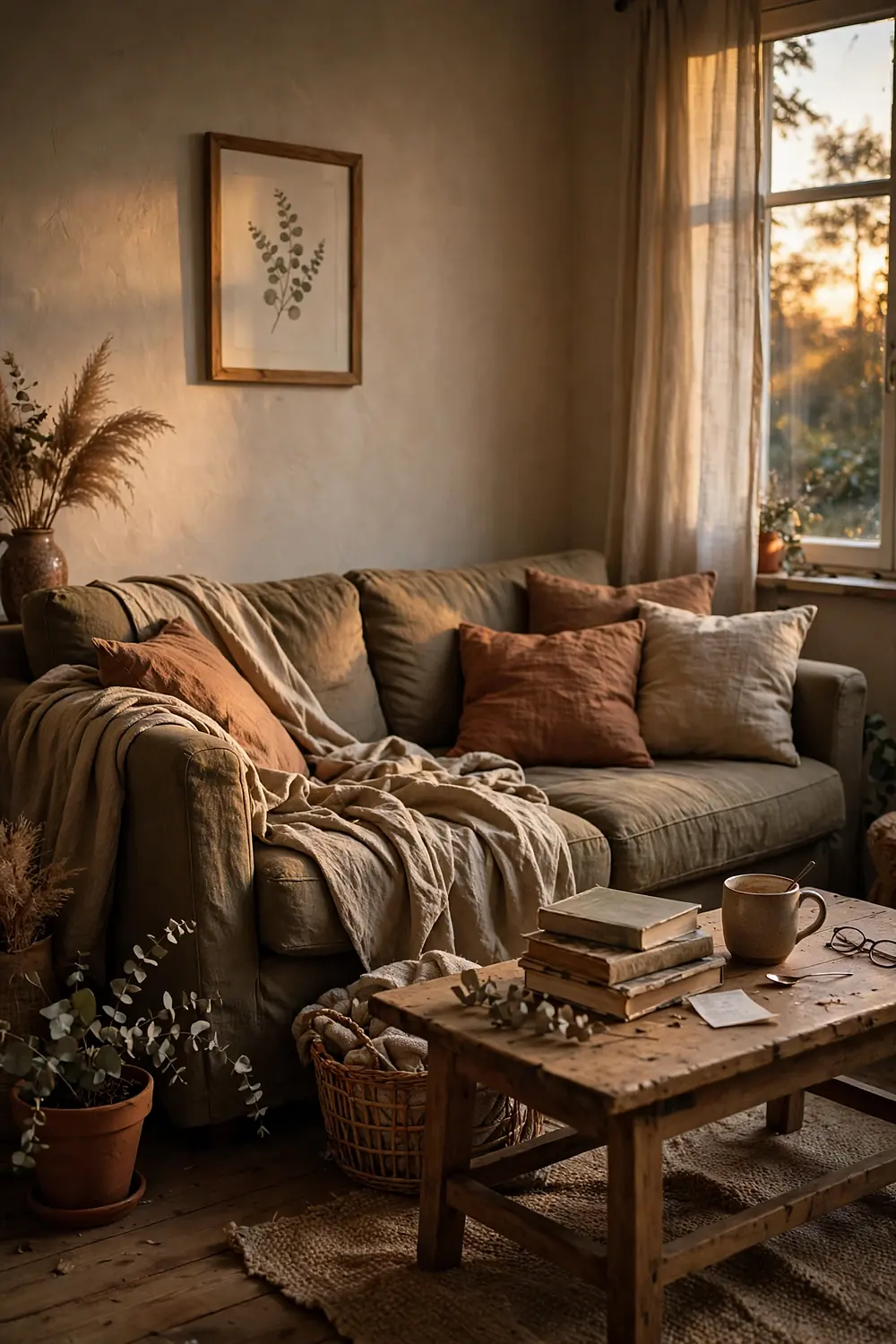 Cozy earth tone living room glowing in warm evening golden light with lamps, cushions and a soft throw