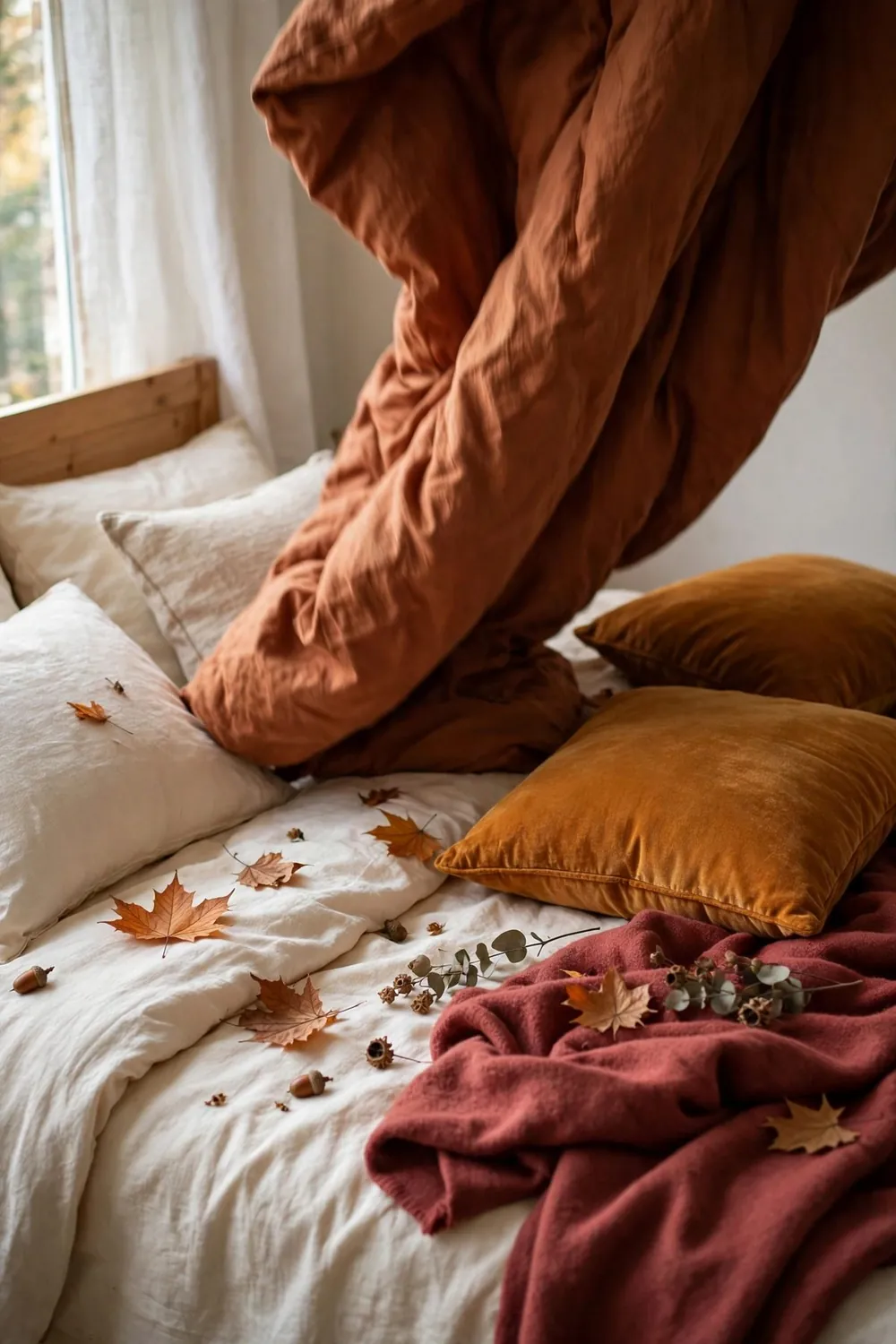 Cozy fall bedroom in warm feminine tones: add the Fall Layer: Rust, Amber, Deep Rose