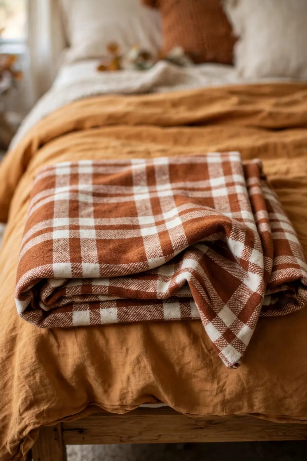 Cozy fall bedroom in warm feminine tones: fold a Plaid or Check Throw at the Foot