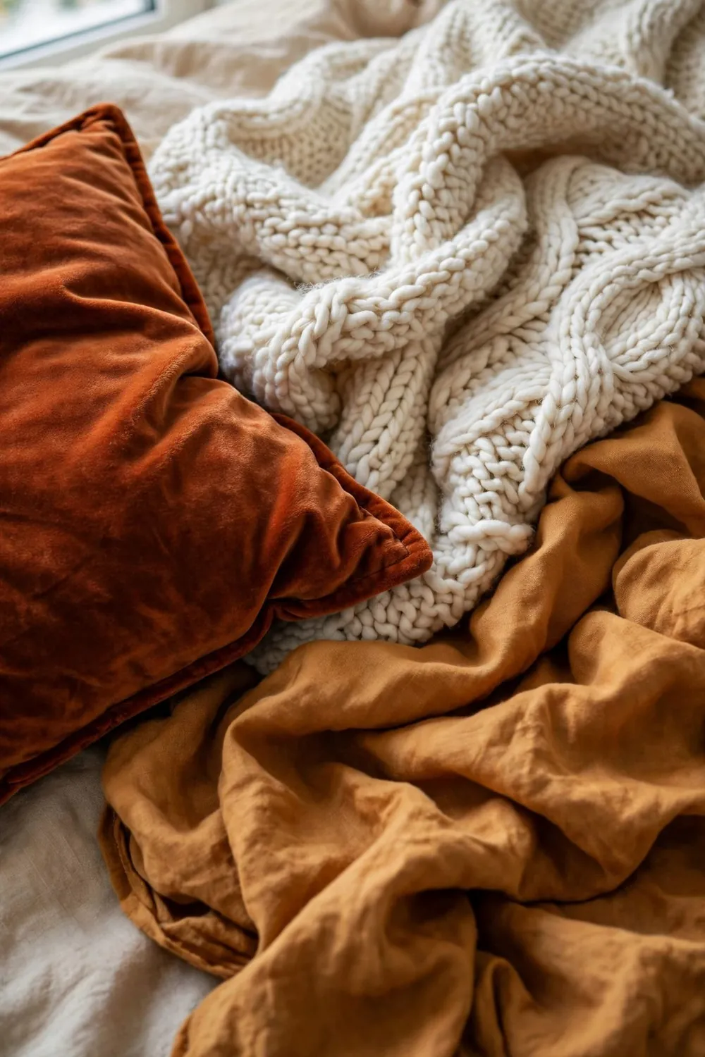 Cozy fall bedroom in warm feminine tones: layer Feminine Textures: Velvet, Knit, Linen