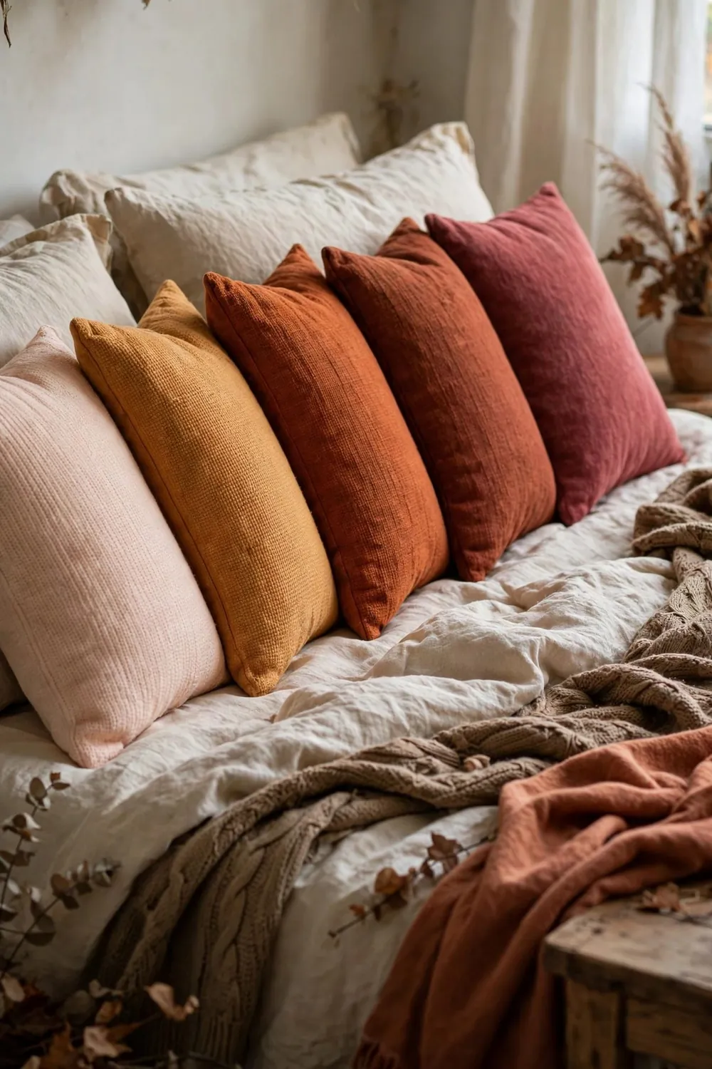 Cozy fall bedroom in warm feminine tones: cushions in a Sunset Gradient