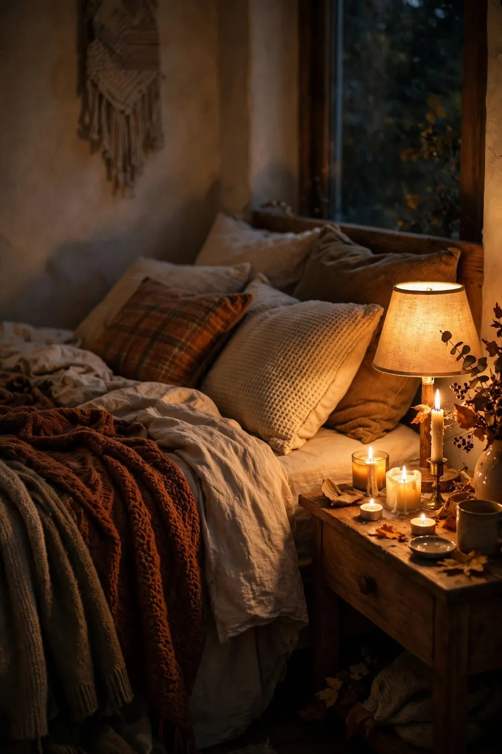 Cozy fall bedroom in warm feminine tones: light the Room Like a Candle