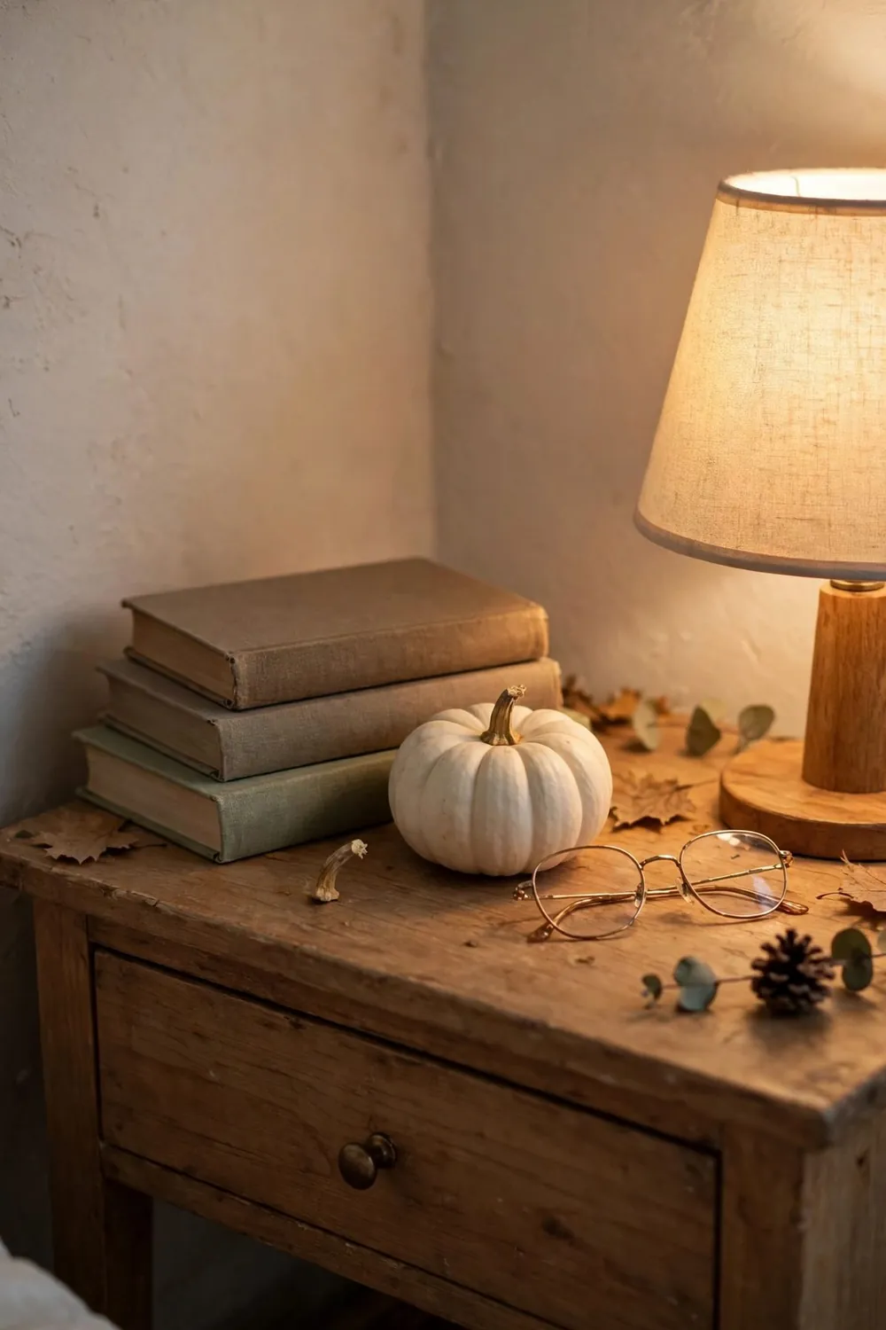 Cozy fall bedroom in warm feminine tones: put a Small Pumpkin on the Nightstand