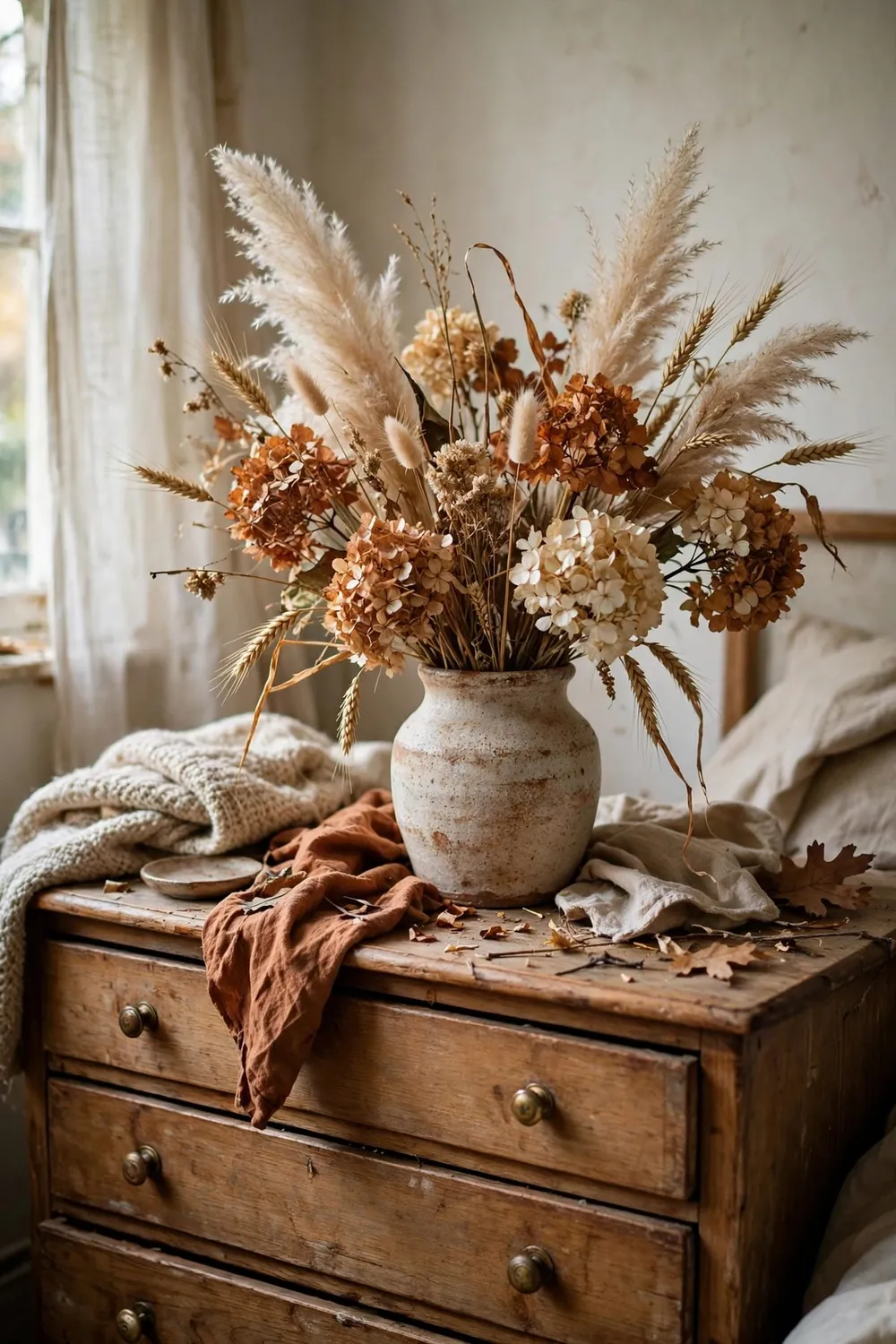 Cozy fall bedroom in warm feminine tones: add Dried Flowers and Autumn Stems