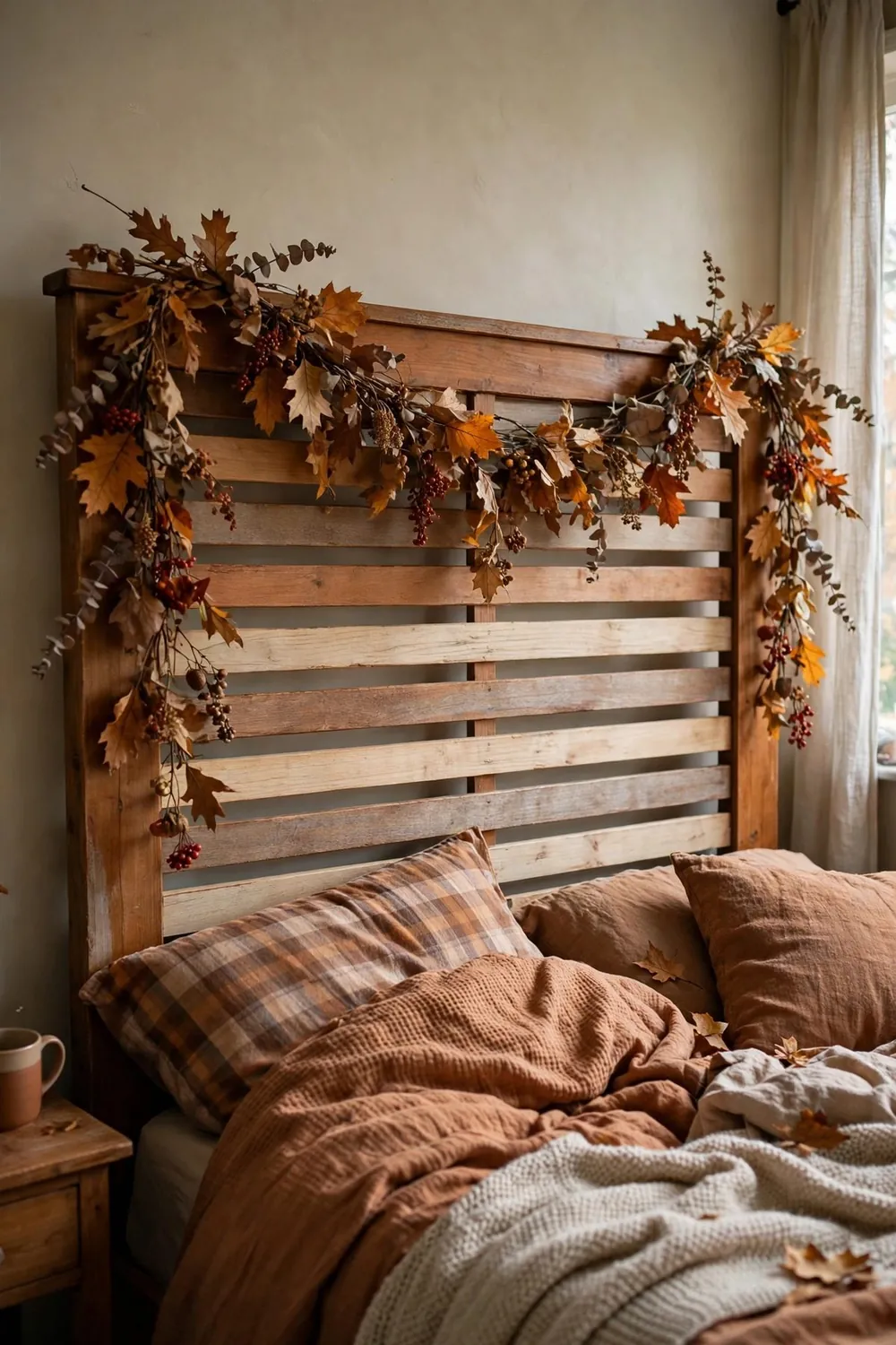 Cozy fall bedroom in warm feminine tones: hang a Fall Garland Over the Headboard or Mirror