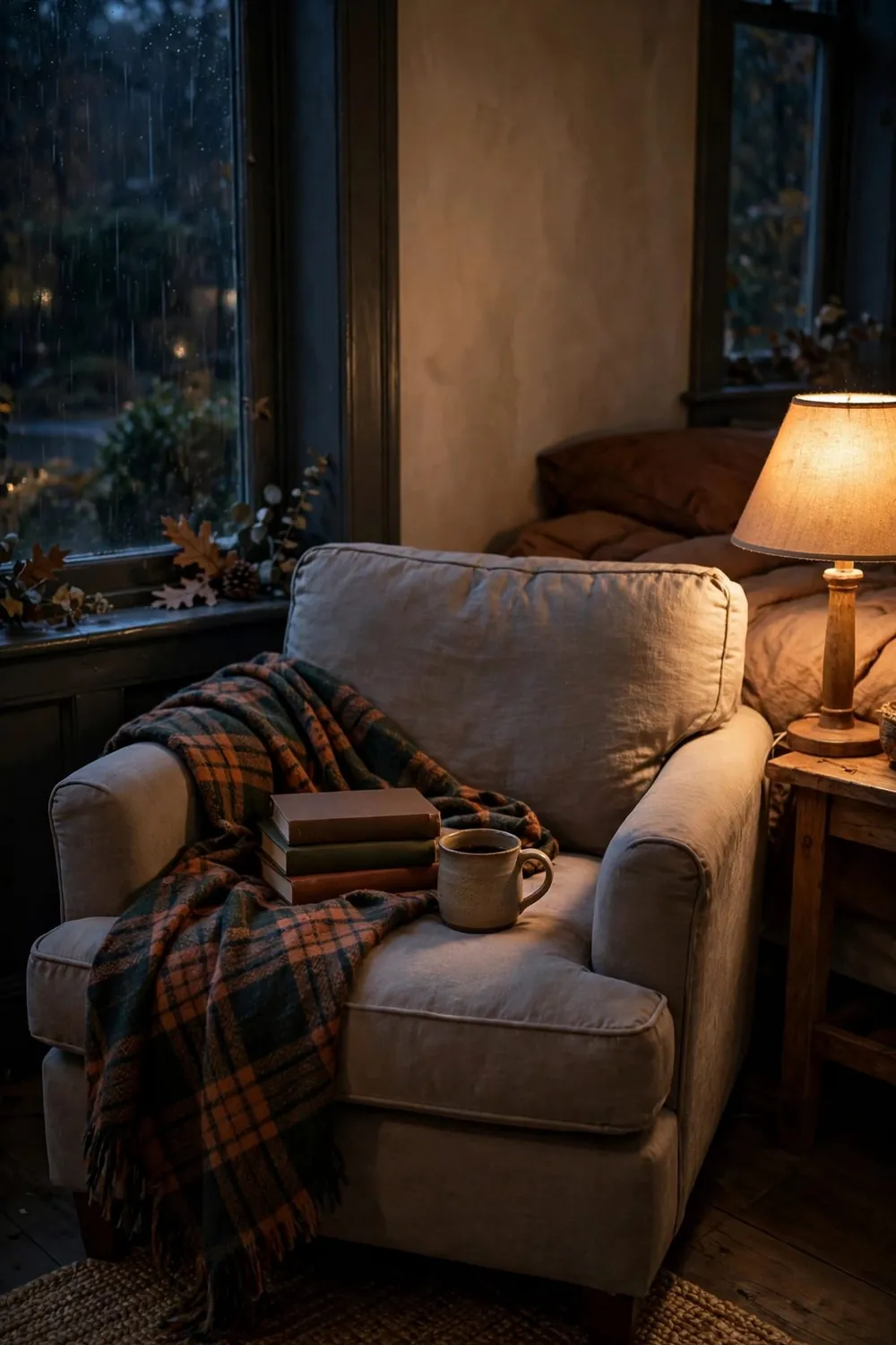 Cozy fall bedroom in warm feminine tones: make a Reading Corner for Dark Evenings