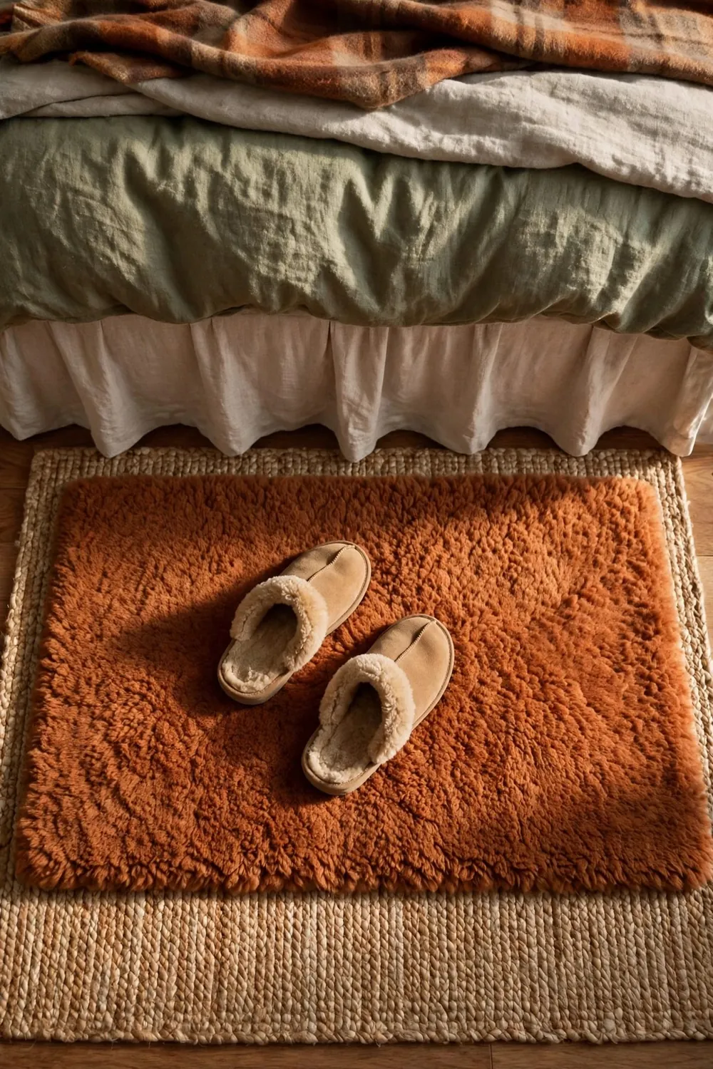 Cozy fall bedroom in warm feminine tones: layer a Warm Rug Where Feet Land