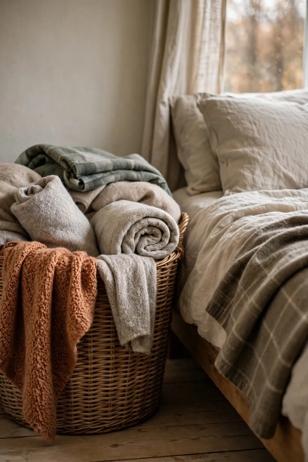 Cozy fall bedroom in warm feminine tones: bring in a Basket of Extra Warmth