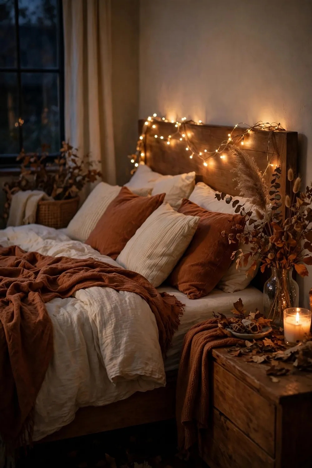 Fall bedroom in the evening with a layered bed, glowing fairy lights, dried autumn stems, and candlelight