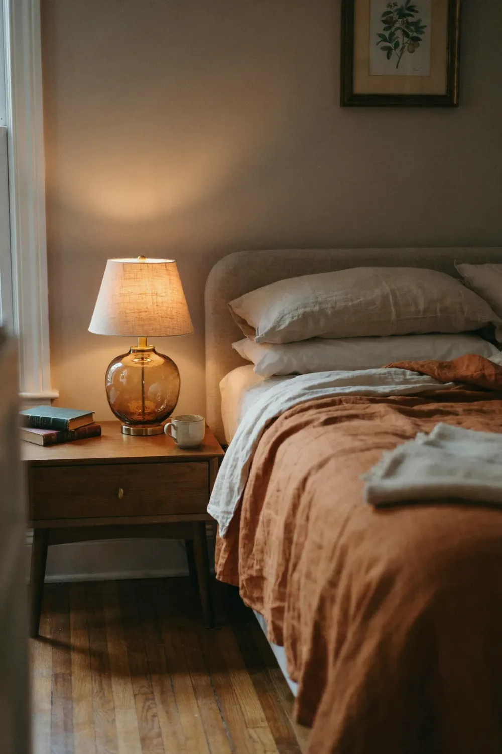 Cozy fall bedroom in warm feminine tones: swap in an Amber Glass Lamp