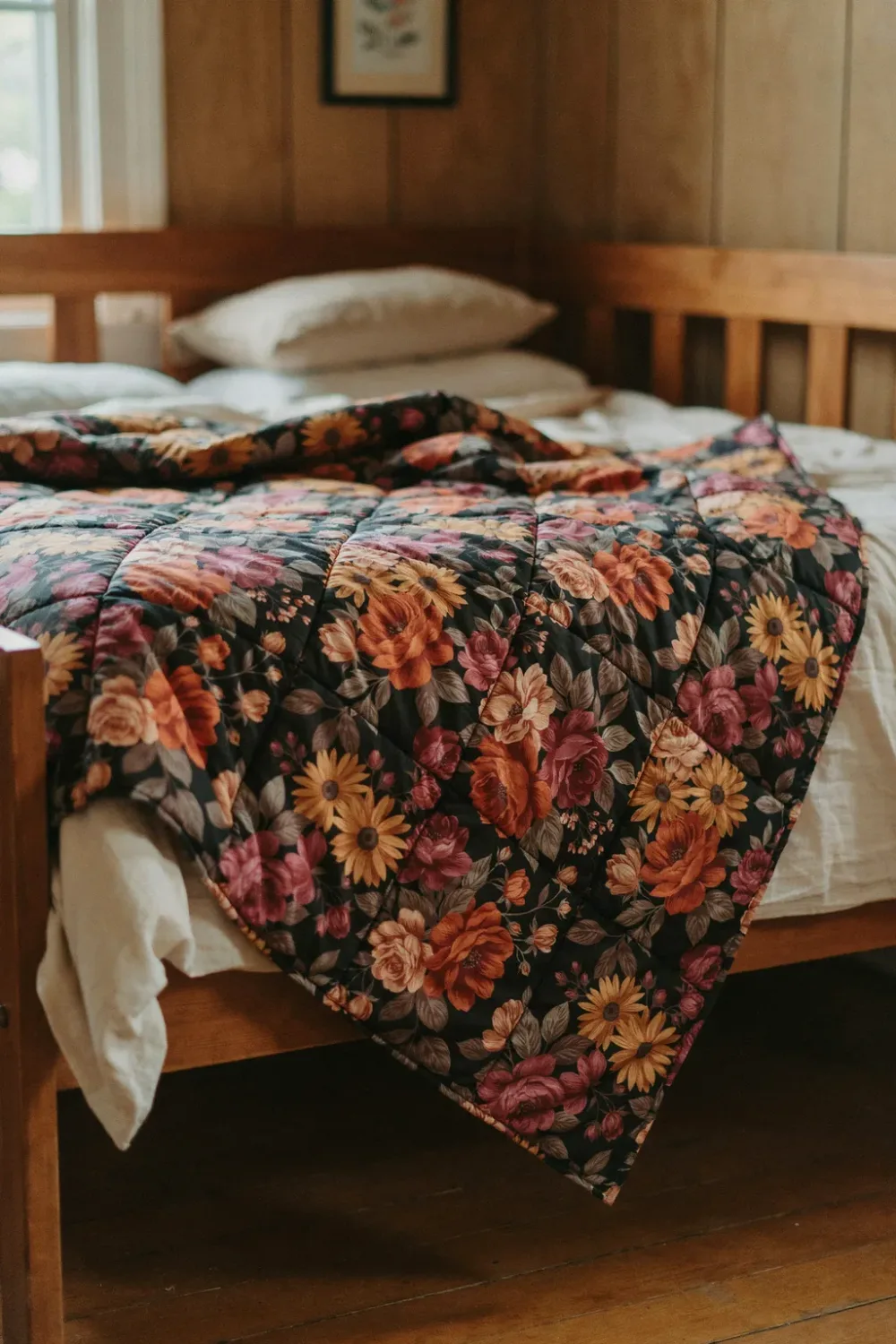 Cozy fall bedroom in warm feminine tones: layer a Quilt in a Deep Fall Floral