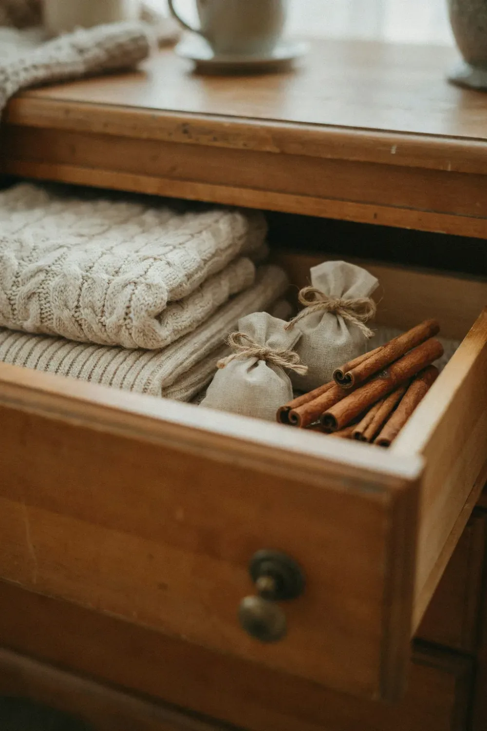 Cozy fall bedroom in warm feminine tones: tuck Cinnamon Sachets in the Drawers