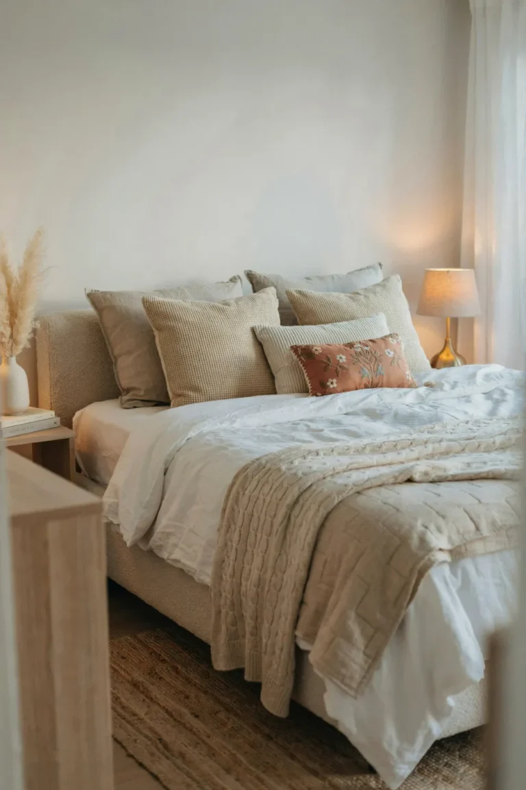 Cozy bed layered with a white linen duvet, oatmeal quilt and chunky knit throw