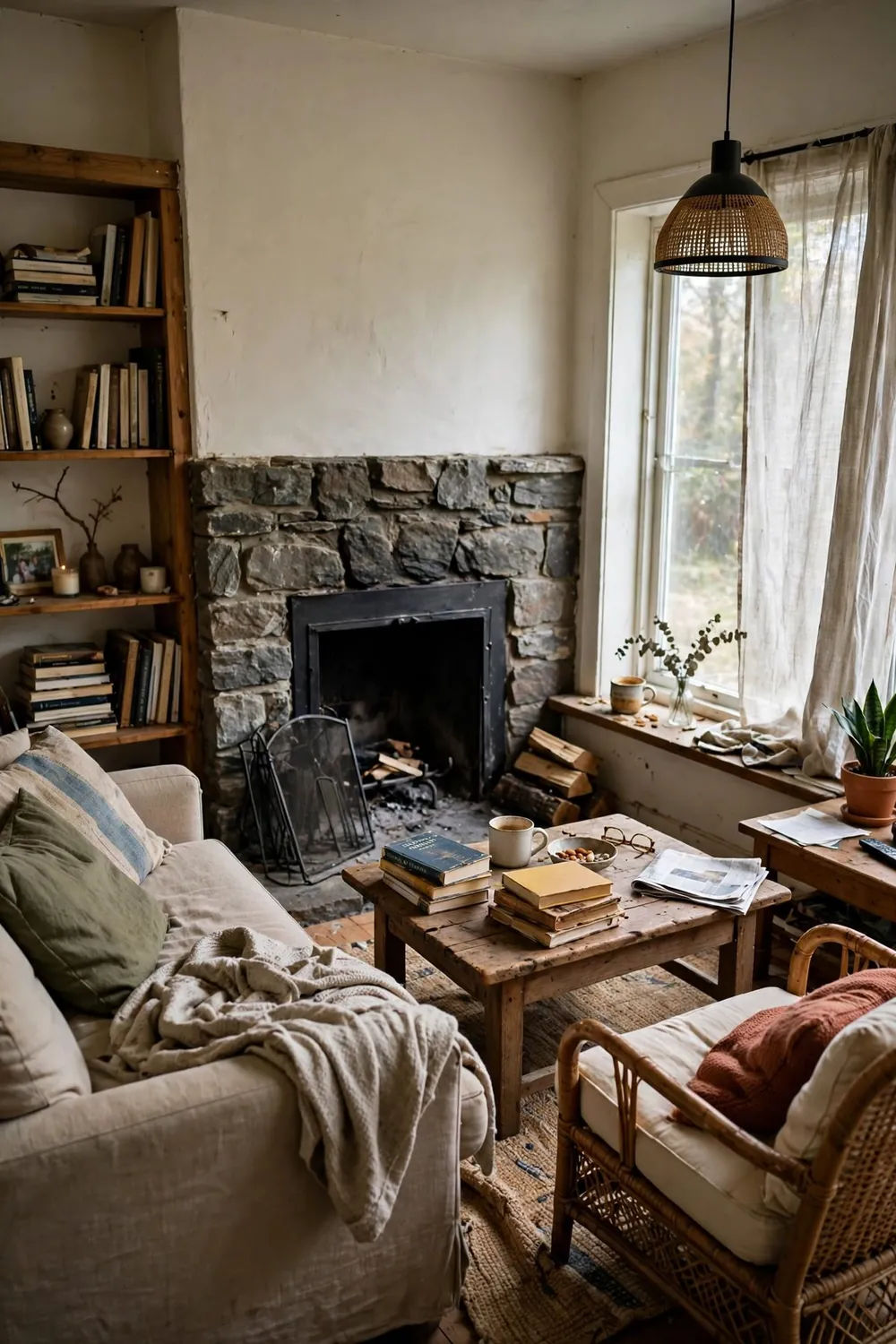 Cozy living room with a natural stone fireplace, linen sofa, woven throw blankets, and warm natural light from a nearby window