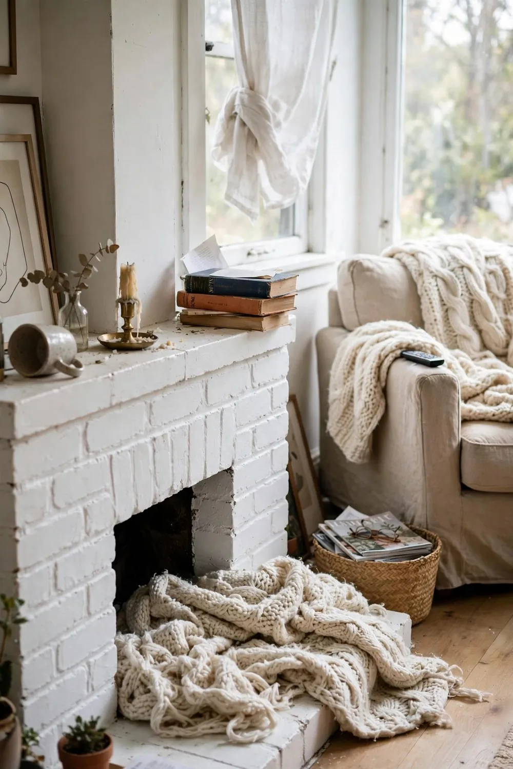 Bright living room with a white painted fireplace, chunky knit throws draped over a sofa, soft cushions, and natural daylight