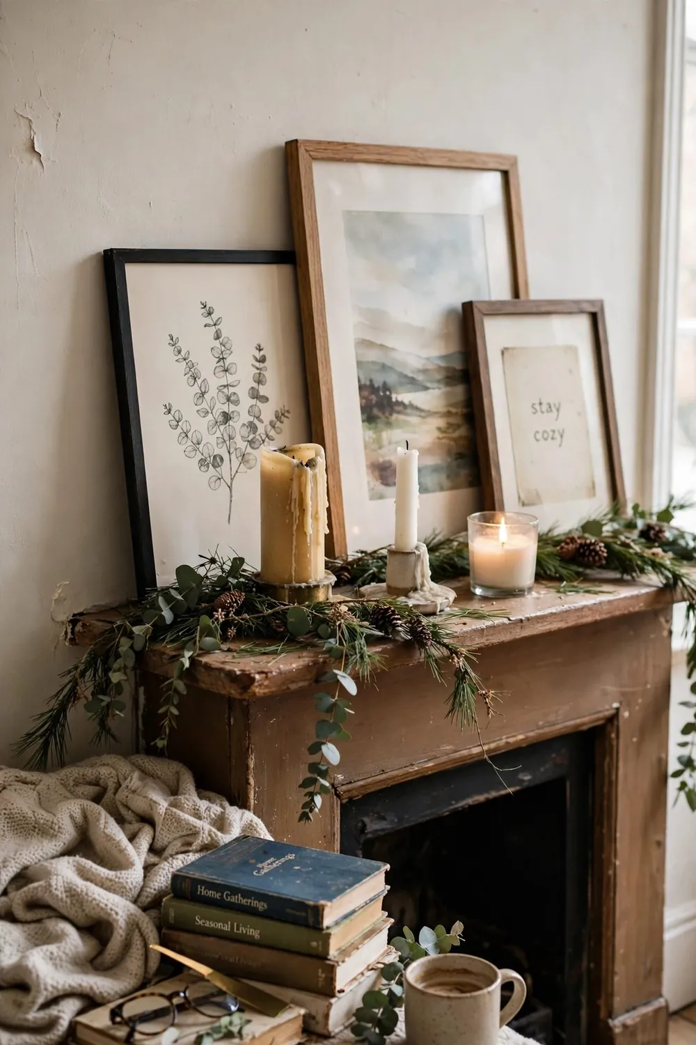 Close-up of a styled fireplace mantel with pillar candles, a soft green garland, and framed art prints leaning against the wall