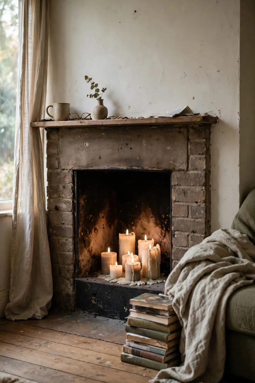 Pillar candles of different heights arranged inside a non-working fireplace firebox, glowing softly in a cozy living room