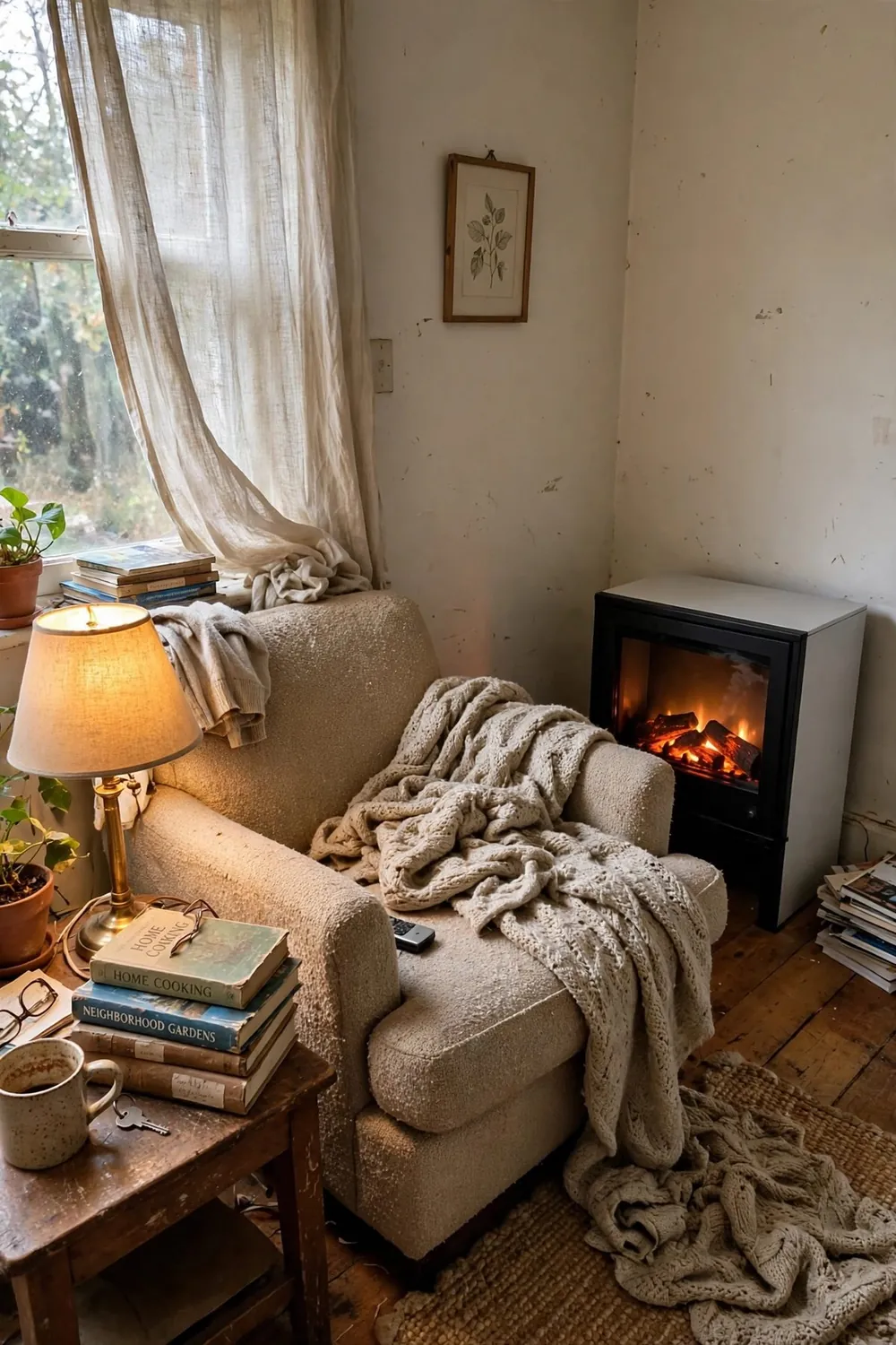 Small living room with a compact electric fireplace tucked into the corner, a cozy armchair, soft throw, and warm lamp light