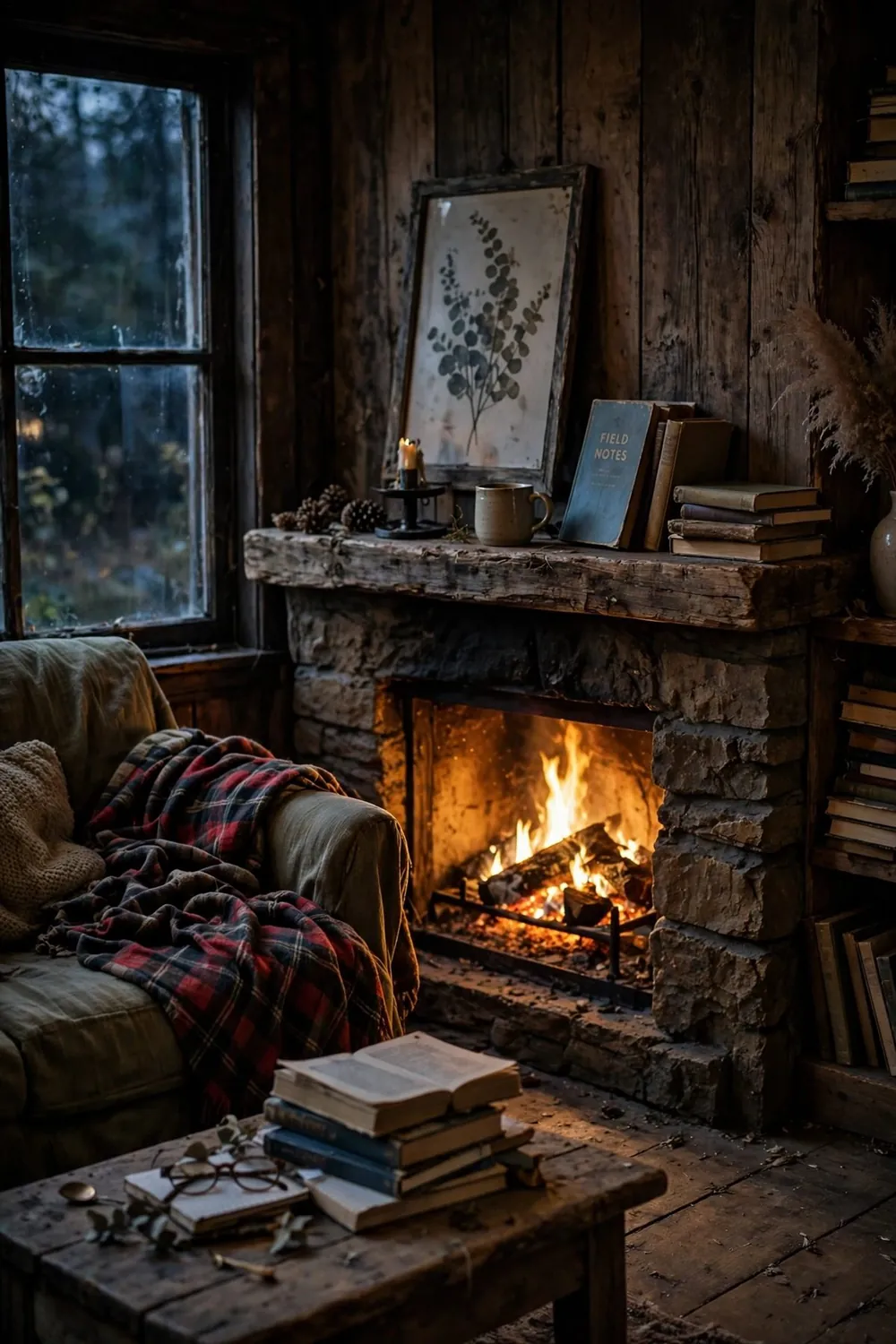 Moody rustic living room in the evening with a glowing fireplace, plaid throws, wooden beams, and warm candlelight
