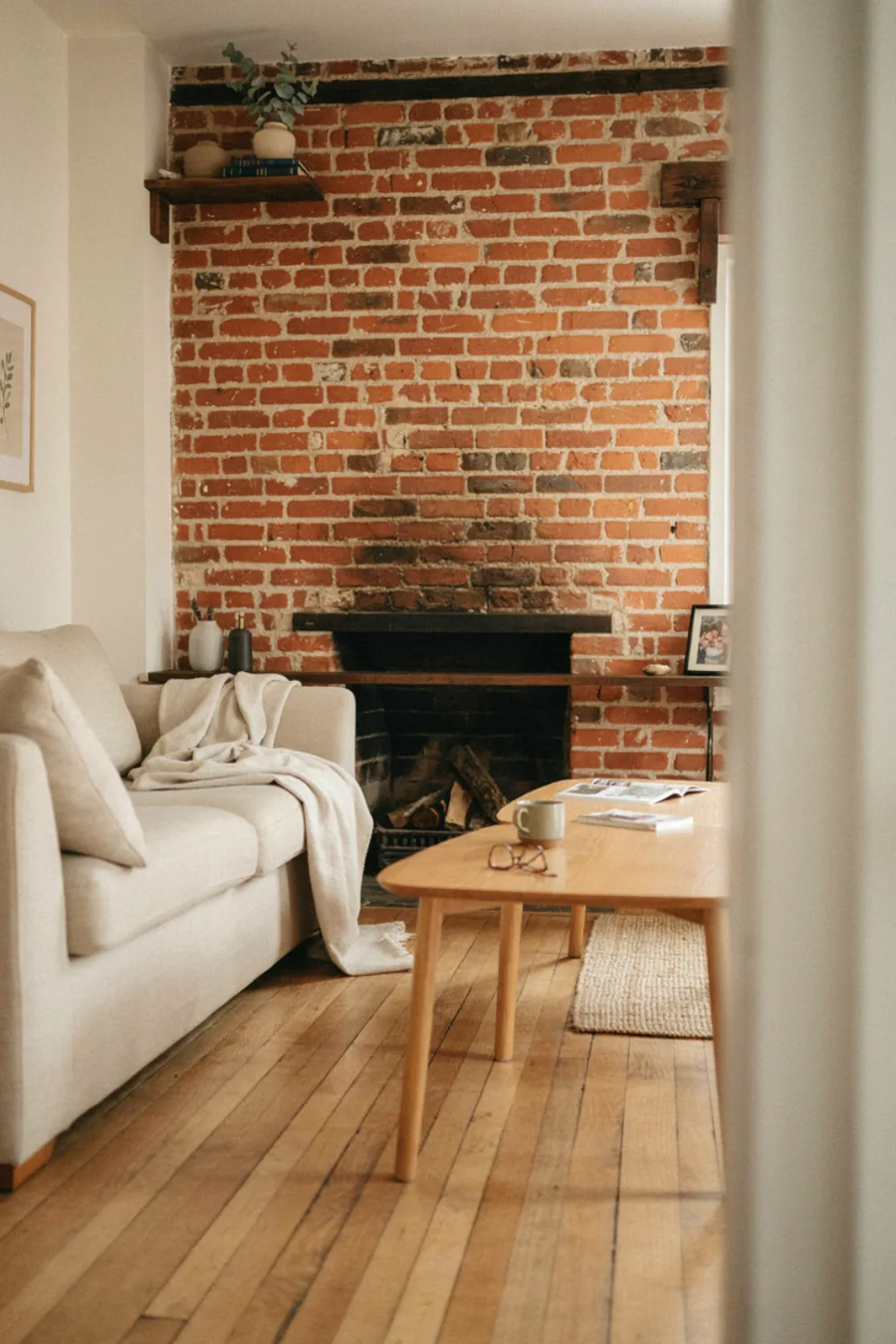 A cozy living room with an exposed red brick fireplace softened by cream cushions, a pale wool throw and a light oak coffee table