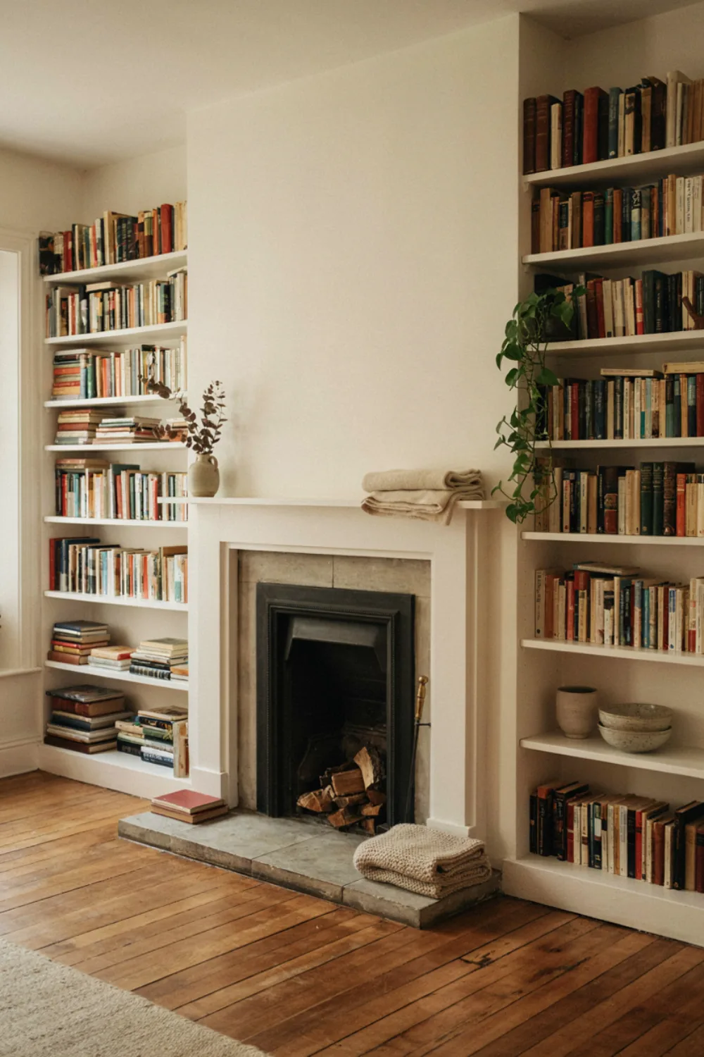 A living room fireplace flanked by built-in white bookshelves on both sides filled with books, ceramics and plants