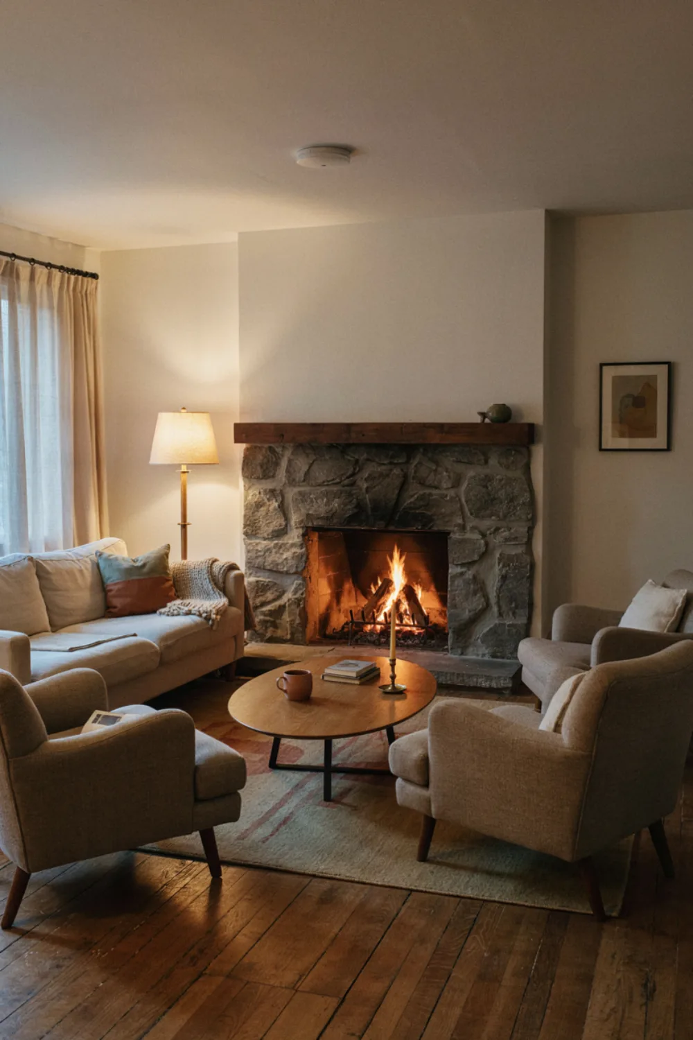 A snug seating arrangement of a linen sofa and two armchairs pulled close around a lit fireplace, evening lamp light