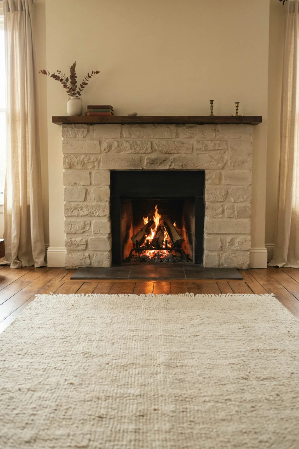 A thick chunky cream wool rug on the floor right in front of a lit fireplace in a cozy living room