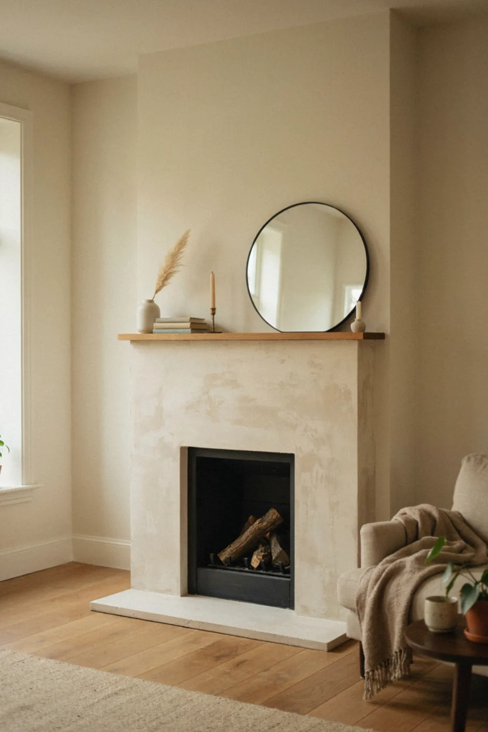 A fireplace with a creamy limewash textured finish in soft warm white, simple wooden mantel, cozy neutral living room