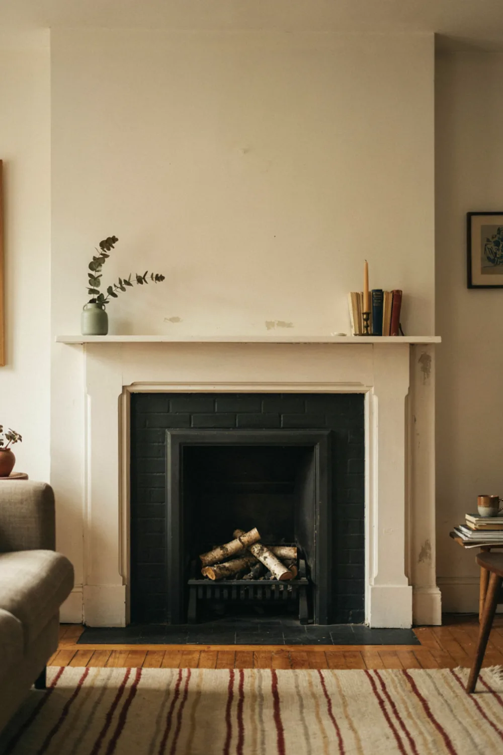 A two-tone fireplace with a white painted mantel and outer surround and a charcoal black inner firebox surround, cozy living room