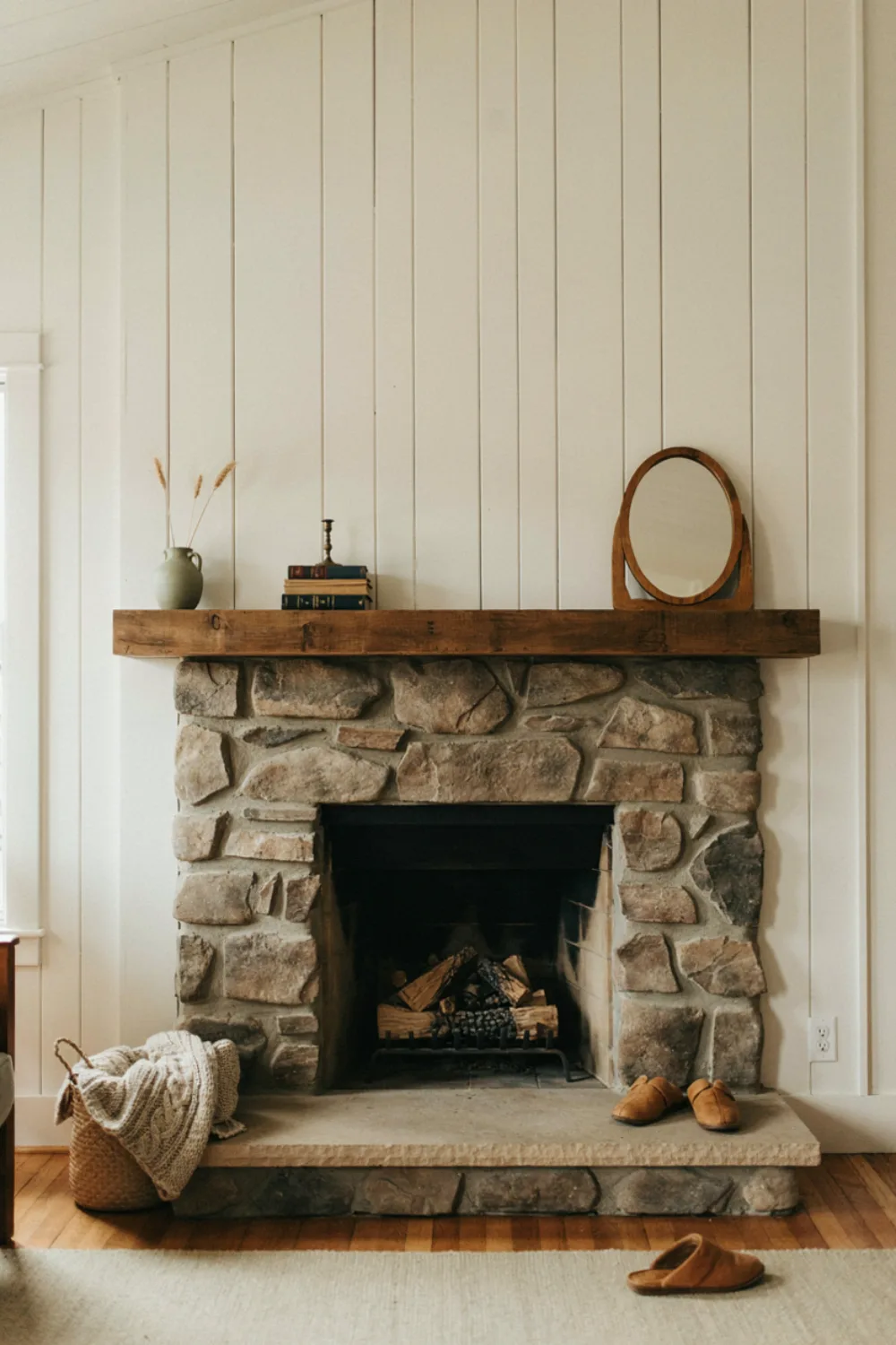 A fireplace with simple vertical white shiplap boards on the wall above the mantel, cozy farmhouse living room