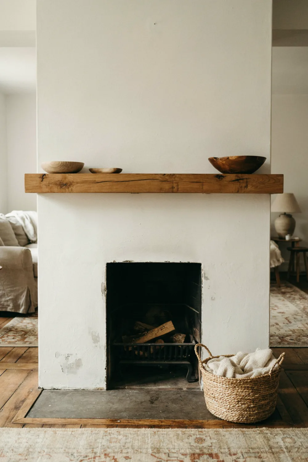 A white painted fireplace warmed up with a natural oak wooden mantel beam, wooden bowls and a woven basket, cozy living room