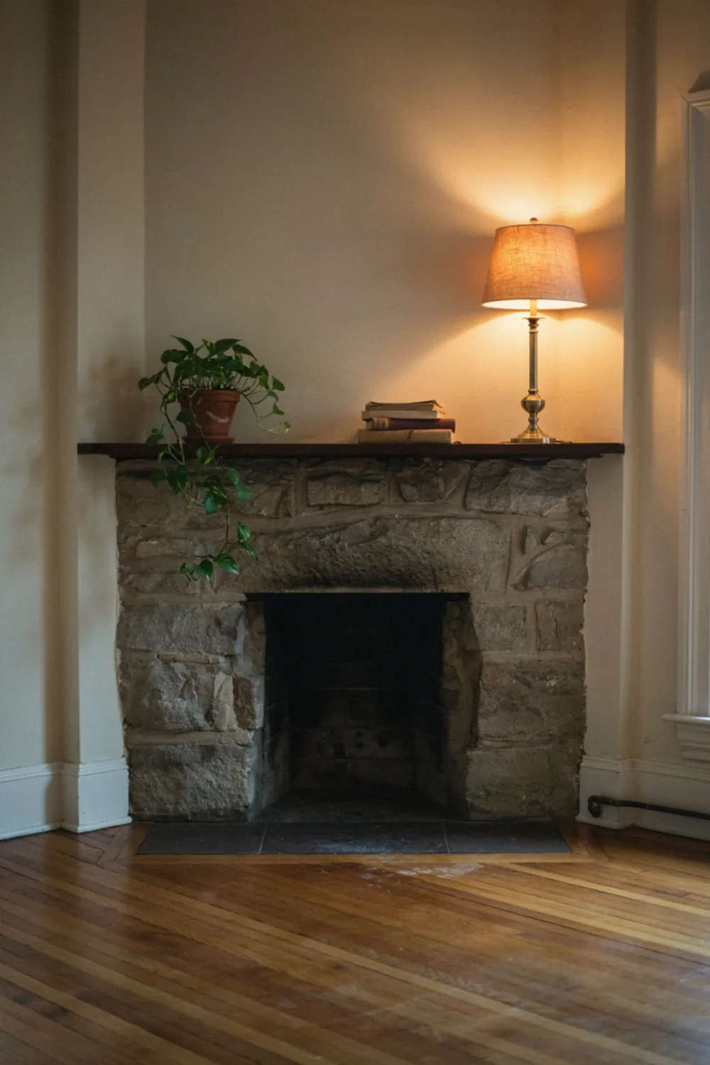 A fireplace corner lit by a warm table lamp on one side and a small plant, soft glowing evening light, cozy living room