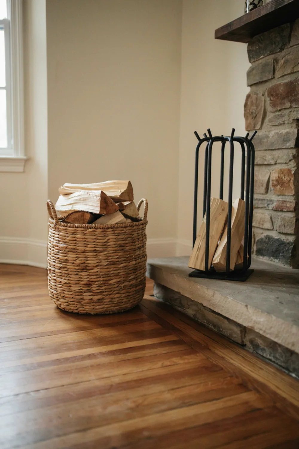 A woven basket of firewood logs and a black metal log holder on the floor beside a fireplace hearth, cozy living room