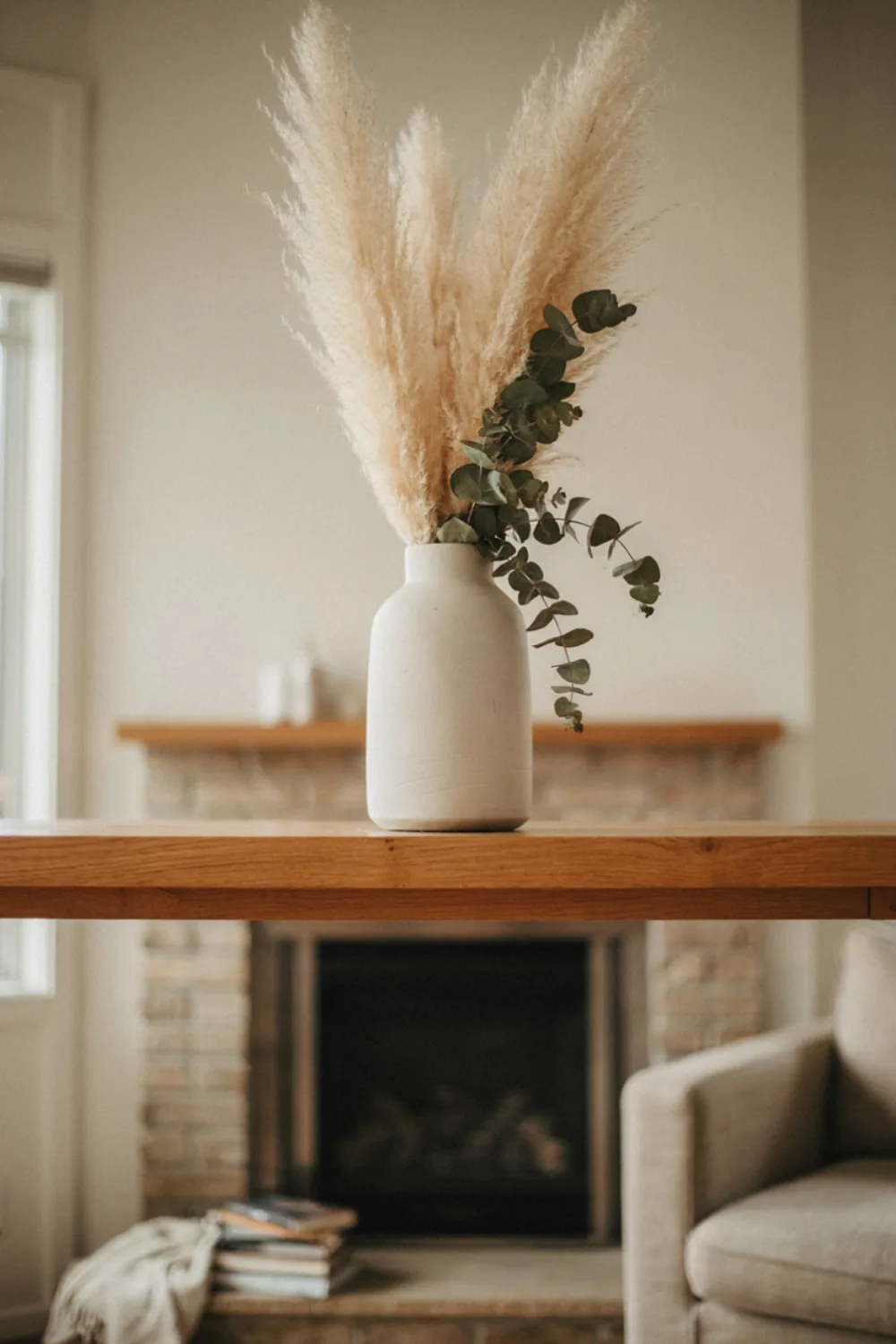 A single ceramic vase of dried pampas and eucalyptus stems on a fireplace mantel, cozy neutral living room