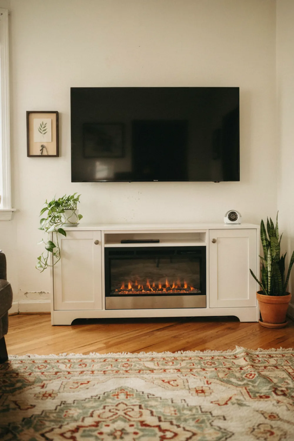 A white media console electric fireplace under a TV in a cozy small living room with a rug and plants