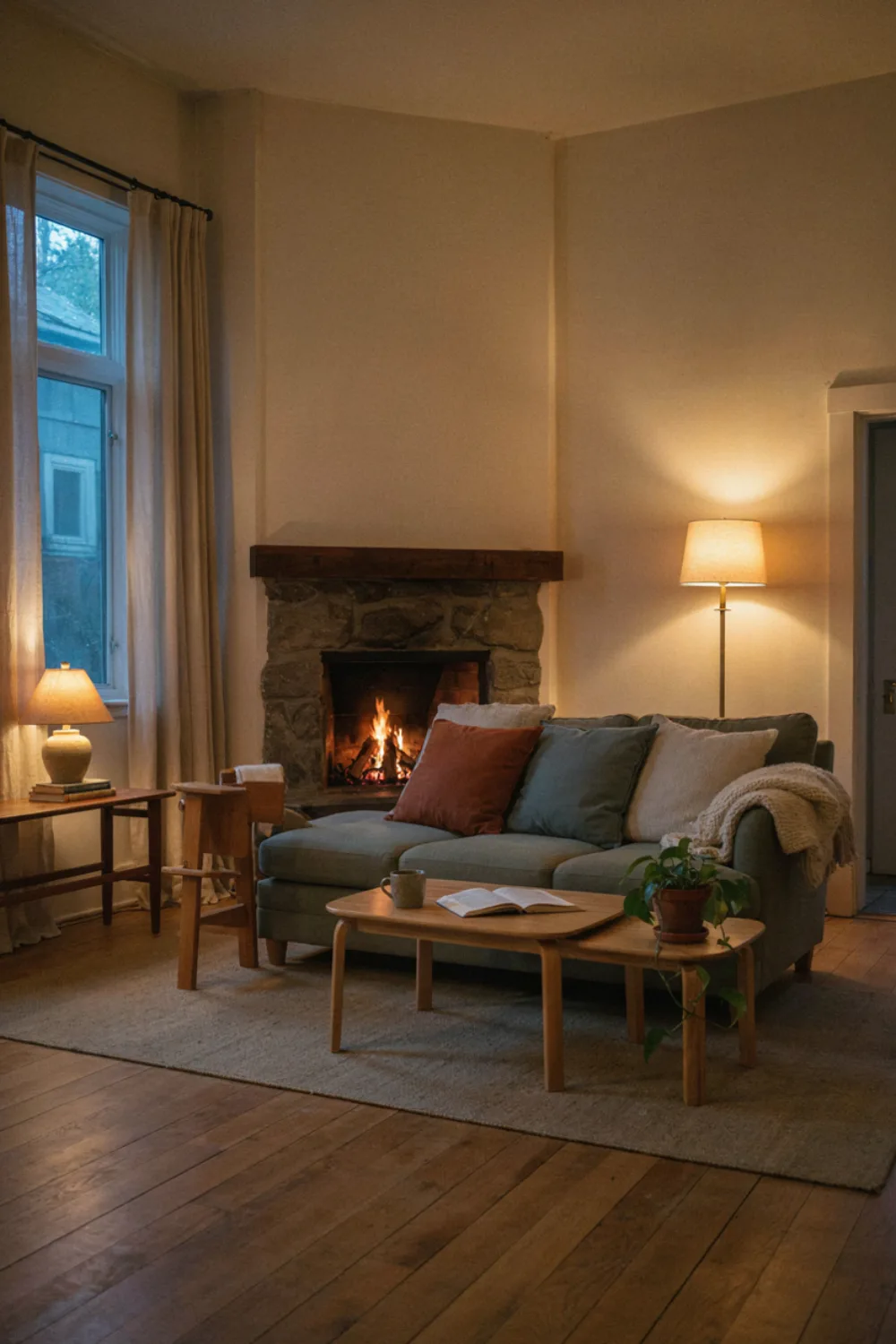 A tidy cozy living room in the evening with fluffed cushions, a folded throw on the sofa, lamps on and a softly glowing fireplace